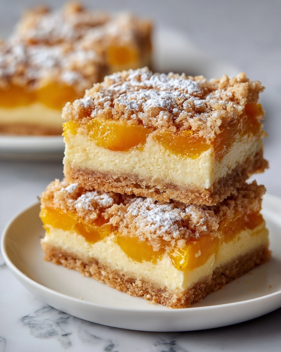 The image shows three square slices of peach crumb bars placed on a white marbled surface. Each bar has three visible layers: a thick, light golden base layer that looks soft and crumbly, a middle layer of bright yellow peach filling, and a top crumb layer with a mix of golden brown and light beige bits that look crunchy. The top is dusted with white powdered sugar, adding a fine texture contrast. The bars are close to each other, and the surface’s light reflection highlights the soft and crumbly textures. Photo taken with an iphone --ar 4:5 --v 7