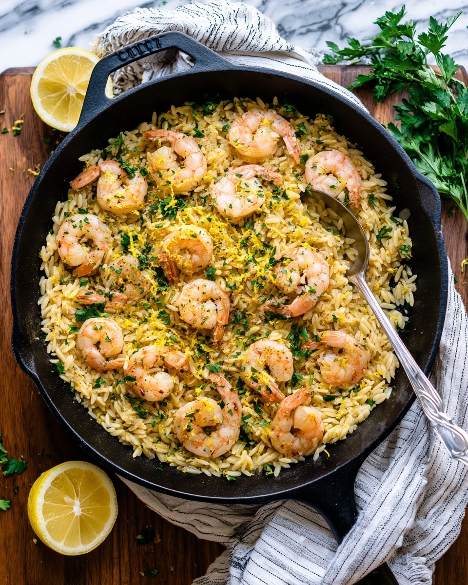 A black cast iron pan filled with a single layer of cooked orzo pasta, pale yellow in color with a soft, slightly glossy texture, topped evenly with pink-cooked shrimp arranged in a loose circle and scattered across the dish. The shrimp have a light, firm texture and are garnished with small green herb leaves and a few bits of yellow lemon zest, adding bright color contrast. A silver spoon rests inside the pan on the right side. The pan is placed on a wooden surface near a window, with a cut lemon half on the right and a folded gray and white striped cloth partially underneath the pan. Photo taken with an iphone --ar 4:5 --v 7