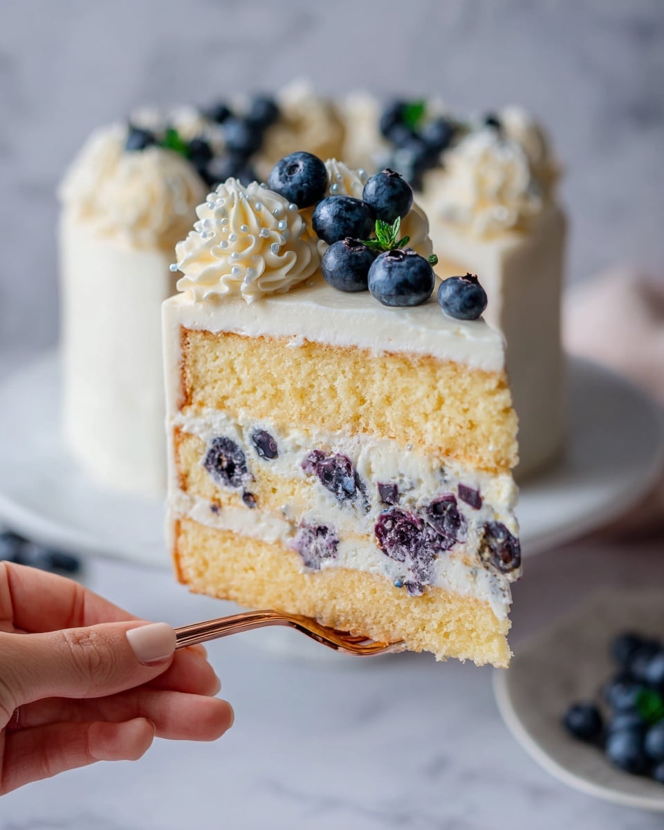 A close-up of a slice of cake held by a woman's hand on a gold fork. The cake has four layers: the top and bottom layers are light yellow sponge cake with a soft texture, the second and fourth layers are white cream, and the third layer is a mix of white cream with whole blueberries that add a dark blue color. On top of the cake slice, there is a layer of white cream with piped dollops of cream on the edges, decorated with fresh blueberries that look plump and shiny. The background shows more cake on a white plate, placed on a white marbled surface with soft lighting, and some white flowers blurred out in the background. photo taken with an iphone --ar 4:5 --v 7