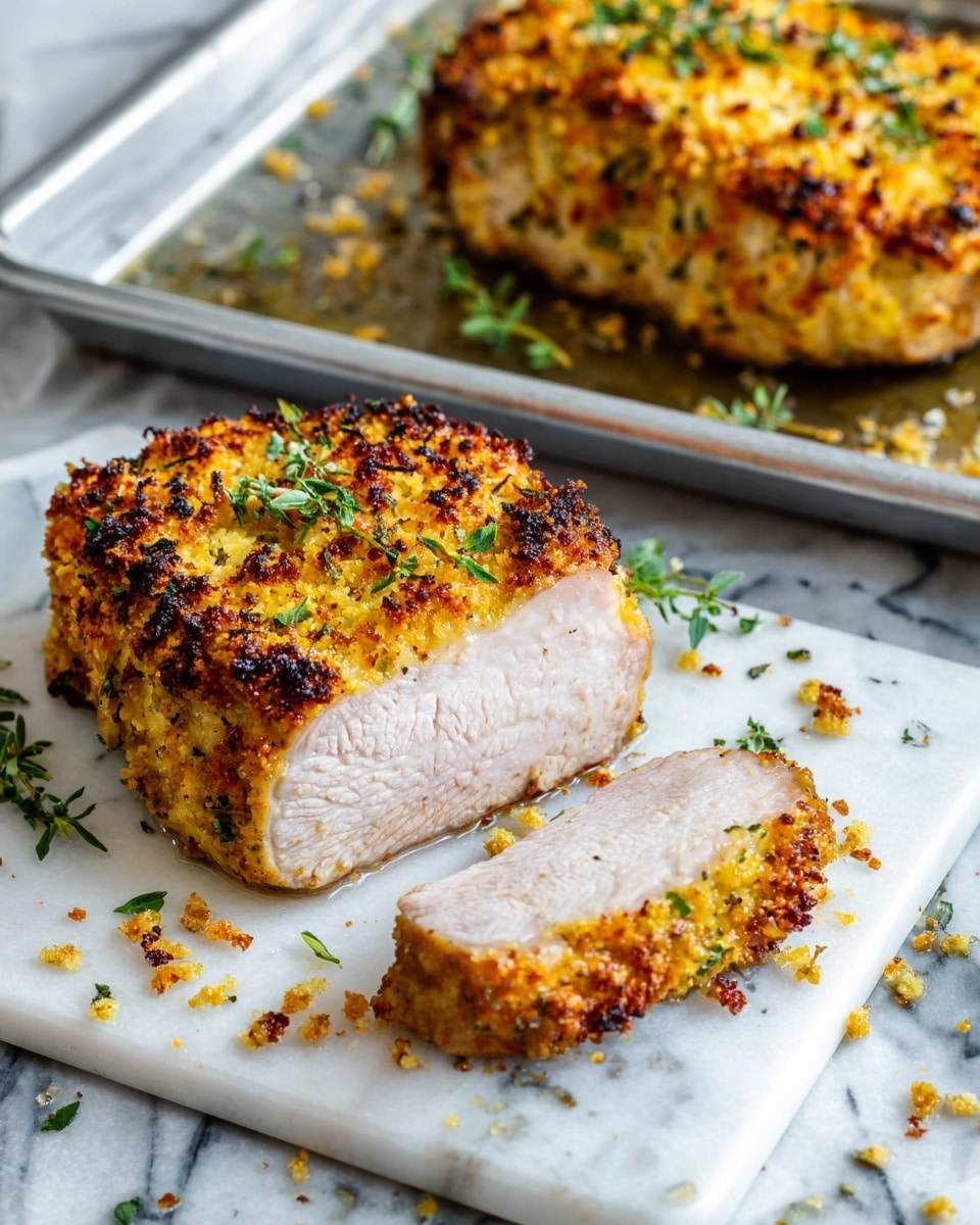 The image shows two crispy parmesan pork chops on a white plate with a white marbled texture surface. One pork chop is whole, covered in a golden brown, crunchy parmesan crust with scattered small bits adding texture; some green herbs are sprinkled on top. The second pork chop is sliced, displaying a thick layer of the same crisp crust around the edges and juicy, light pink cooked pork meat in the center. A knife with a serrated edge cuts through the sliced pork chop, with crumbs scattered on the plate and surface. The lighting highlights the crispiness and juicy texture of the meat. Photo taken with an iphone --ar 4:5 --v 7