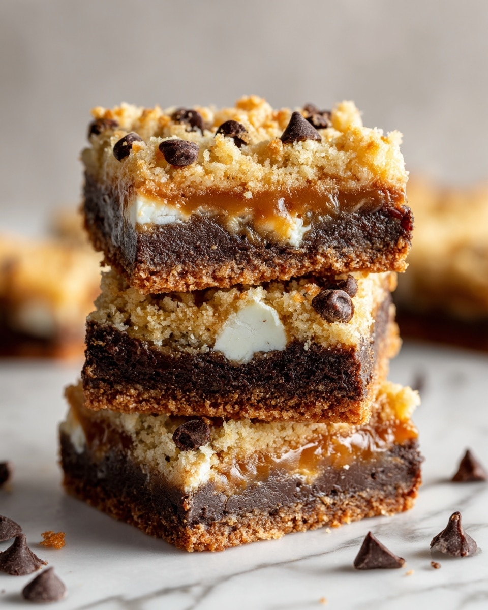 A close-up view shows three stacked dessert bars with three main layers: the bottom layer is a dense, dark brown chocolate base; the middle layer is a thick, jam-like caramel color mixed with dark chocolate chips, creating a gooey texture; the top layer is a crumbly, light golden crust scattered with white chocolate chunks and more chocolate chips, giving a rough texture. The bars rest on a white marbled surface with loose chocolate chips nearby. Photo taken with an iphone --ar 4:5 --v 7