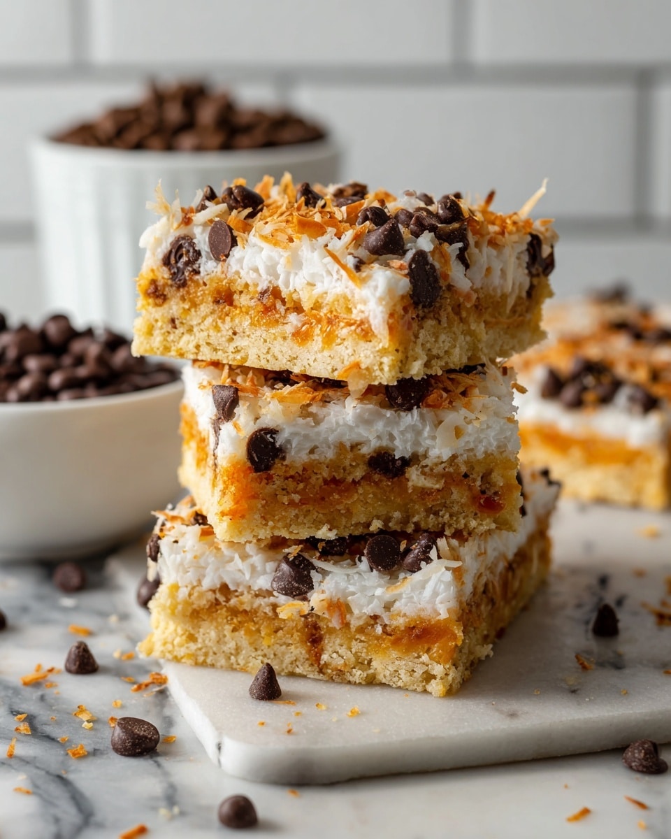 The image shows a stack of four dessert bars on a white marbled surface. Each bar has three visible layers: the bottom layer is golden brown and crumbly, likely made of crushed cookies or graham crackers; the middle layer has dark chocolate chips mixed with lighter butterscotch chips and shredded white coconut; the top layer is thick with more white shredded coconut, giving a rough and textured look. Around the stack, there are scattered dark chocolate and butterscotch chips as well as crumbs. A wooden bowl filled with dark chocolate chips sits blurred in the background against a white tiled wall. The photo taken with an iphone --ar 4:5 --v 7