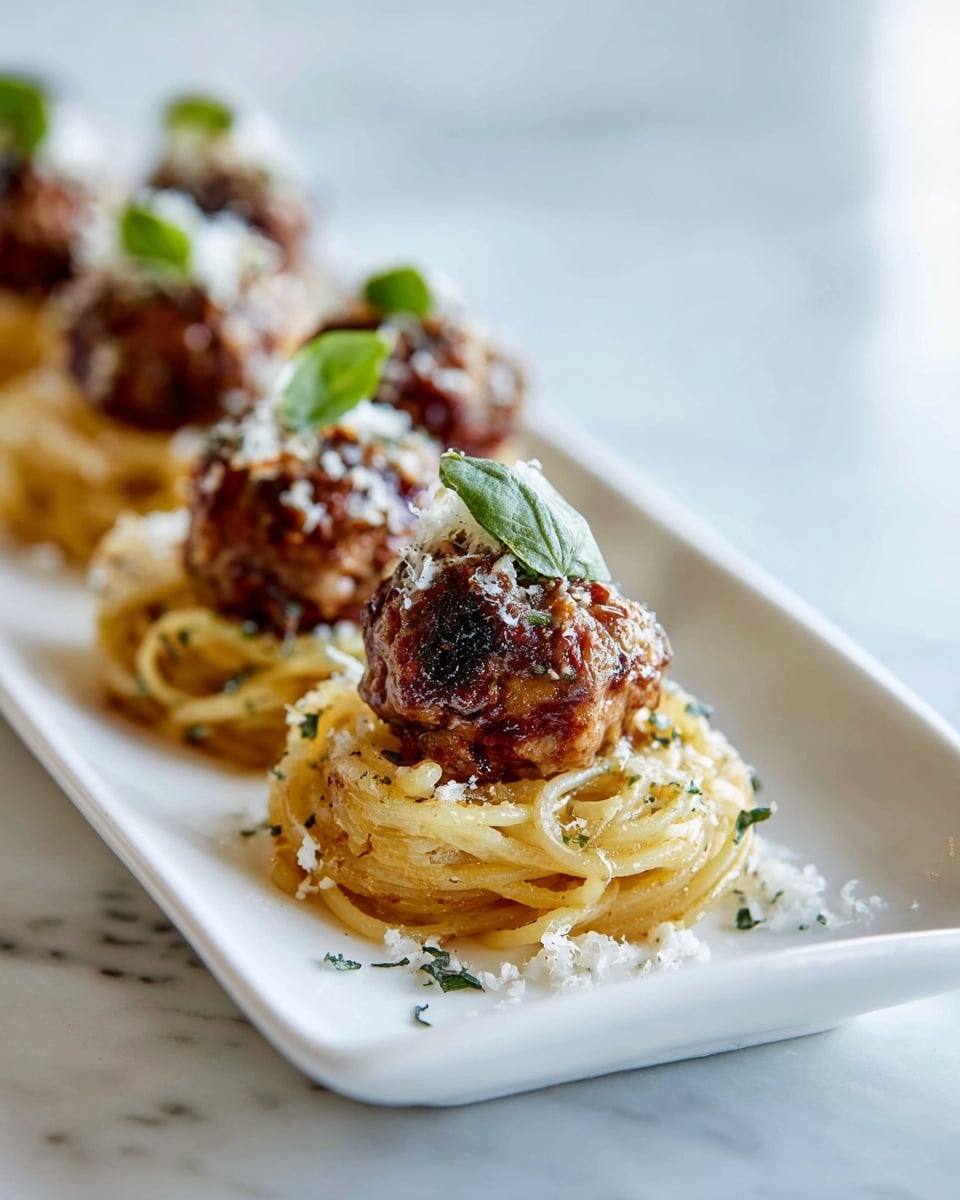 The image shows small nests of light golden spaghetti, each carefully twirled into a small mound as the base layer. On top of each spaghetti nest sits a round, rich brown meatball with a slightly textured surface, sprinkled with white grated cheese that adds a soft contrast. A fresh, bright green basil leaf crowns each meatball, bringing a pop of color. The dish is arranged neatly on a long white rectangular plate lined with white parchment paper, all set on a white marbled surface. The depth of field is shallow, highlighting the front meatball and softly blurring the background, and a silver fork is partially visible in the bottom left corner. photo taken with an iphone --ar 4:5 --v 7
