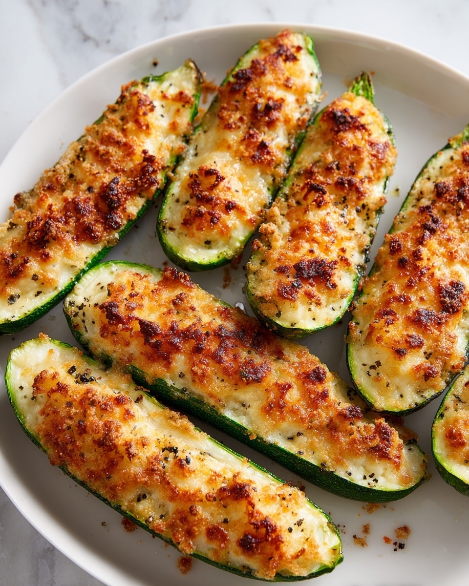The image shows a close-up of eight zucchini boats on a white plate, each cut in half lengthwise with a hollow center filled with a golden-brown, crispy cheese and breadcrumb topping. The zucchini's green skin forms the base layer, holding the creamy, melted cheese layer that has browned spots and crunchy texture on top. Some black pepper specks are visible scattered on the cheese, adding extra detail. The white plate rests on a white marbled surface. Photo taken with an iphone --ar 4:5 --v 7
