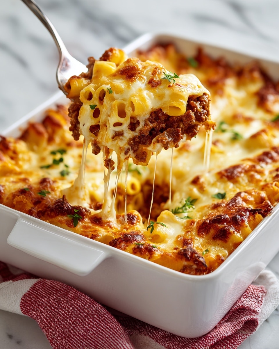 A white baking dish filled with three clear layers: the bottom layer is browned ground meat, the middle layer is pale yellow cooked macaroni pasta, and the top layer is melted, golden-brown cheese with some browned spots and sprinkled green parsley leaves. A fork lifts a spoonful from the dish, pulling up stringy, melted cheese that stretches between the lifted portion and the rest of the baked macaroni and cheese with meat. The dish sits on a red and white striped cloth, with a blurred white marbled surface in the background. Photo taken with an iphone --ar 4:5 --v 7