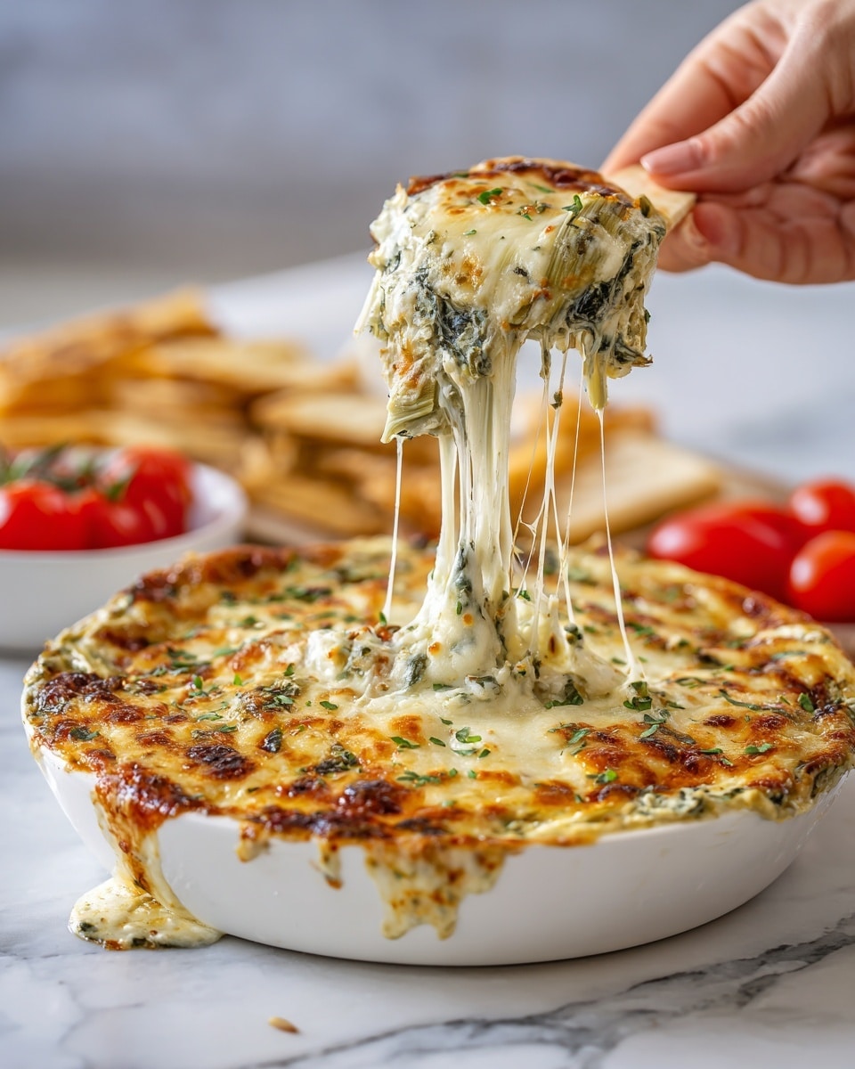 The image shows a baked spinach and artichoke dip in a round black skillet on a white marbled surface. The dip has three visible layers: a golden brown melted cheese layer on top with some melted white cheese that is stringy and stretchy, beneath that a creamy green spinach layer with scattered artichoke pieces, and a slightly browned base layer. The top is sprinkled with small chopped green herbs, and a single small red cherry tomato is placed near the edge of the skillet. A woman's hand is pulling a portion of the dip, showing the stretchy cheese. Photo taken with an iphone --ar 4:5 --v 7