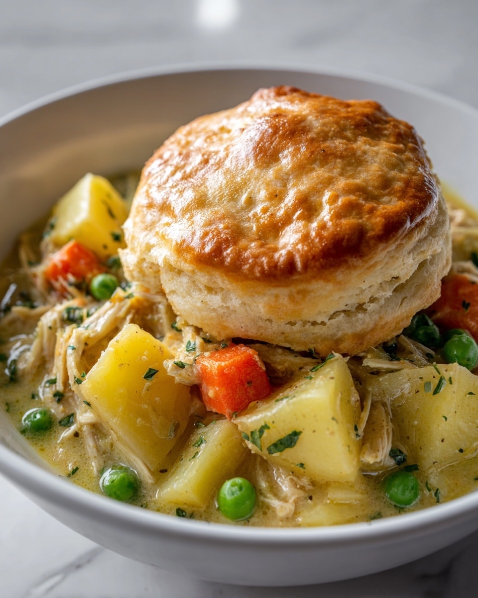 The image shows a close-up of a flaky golden biscuit on top of a creamy chicken pot pie filling. The bottom layer is thick and pale cream gravy with visible chunks of white shredded chicken. Mixed within the filling are bright green peas, yellow potato cubes, and small orange carrot pieces, all coated in the gravy. The biscuit on top has a slightly browned and crispy texture with some small green herb sprinkles. The dish is set on a white marbled surface. Photo taken with an iphone --ar 4:5 --v 7