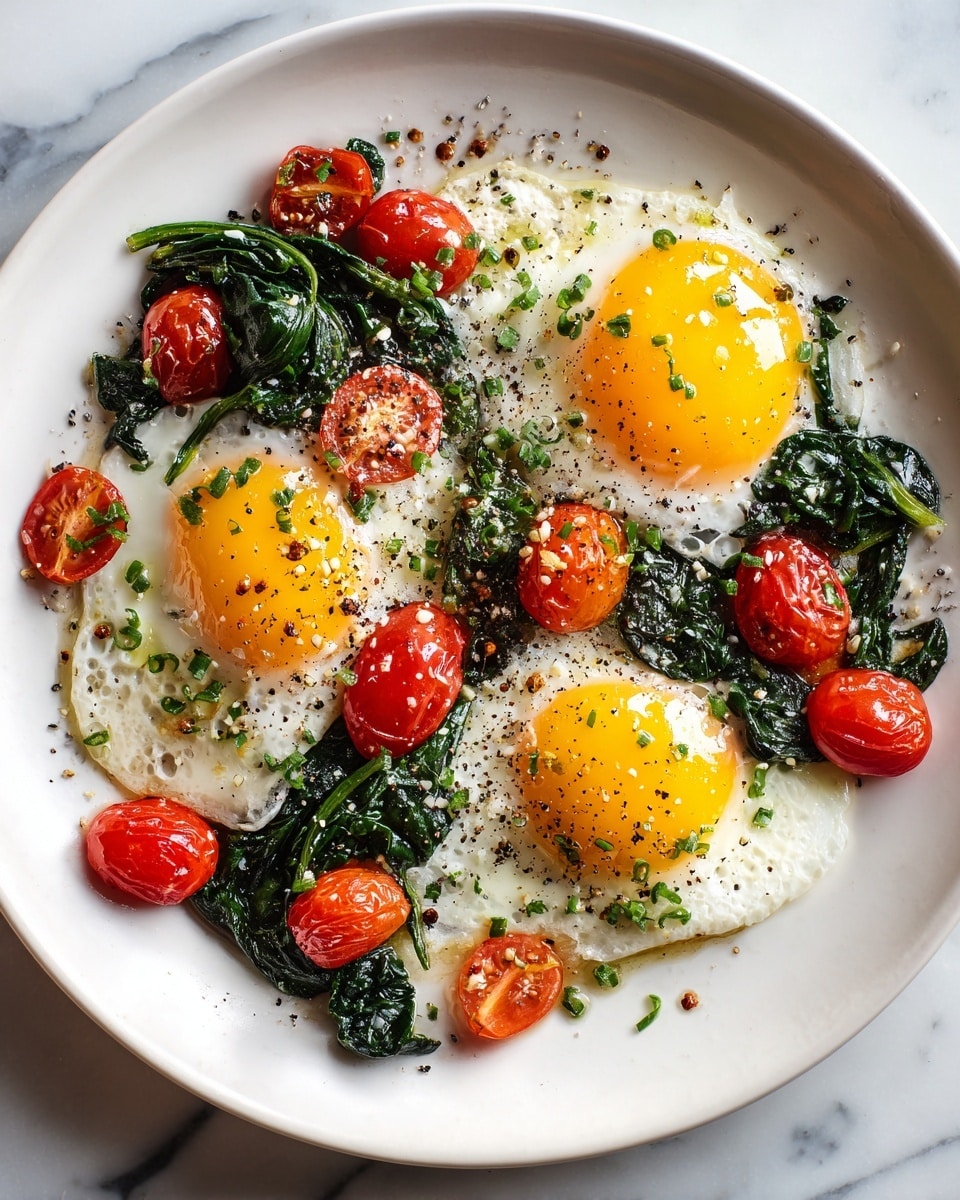 A white plate holds a colorful dish with three sunny-side-up eggs evenly spaced across the plate. The eggs have bright yellow yolks with cooked white edges, lightly sprinkled with black pepper. Surrounding the eggs are roasted cherry tomatoes, bursting red and slightly wrinkled with a juicy shine. Dark green spinach leaves add a fresh contrast, scattered between the eggs and tomatoes. There are small bits of melted cheese and a few herbs sprinkled on top, adding texture and depth. The plate sits on a white marbled surface. photo taken with an iphone --ar 4:5 --v 7