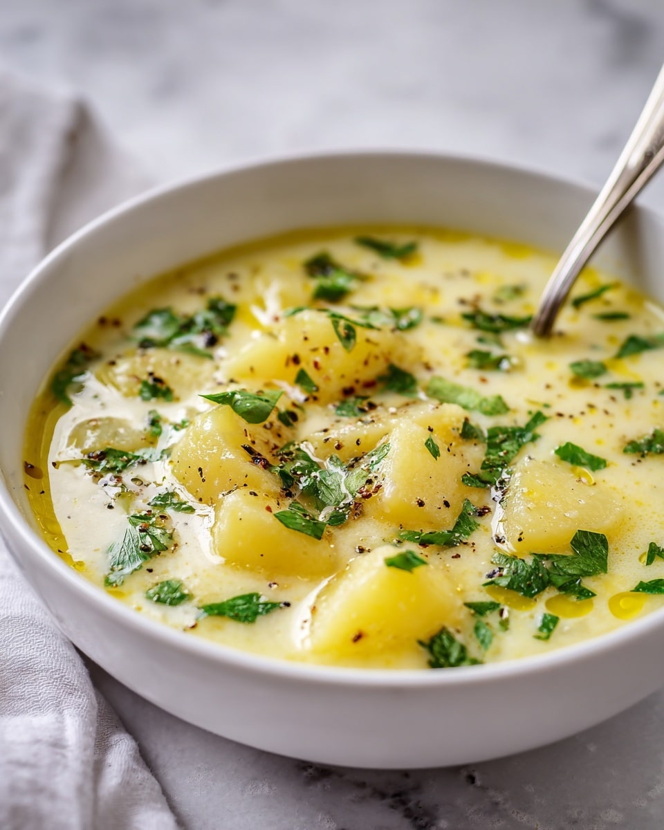 The image shows a white bowl filled with a creamy potato soup. The soup has several slices of cooked potatoes on the top layer, golden-browned slightly from cooking, along with small bits of fresh green herbs scattered around. There is a sprinkle of black pepper and other seasonings on the surface, adding texture and color contrast. The broth appears smooth and light beige, with a few tiny bubbles and herbs visible inside. The bowl is placed on a white marbled surface, and the overall look is warm and inviting. Photo taken with an iphone --ar 4:5 --v 7