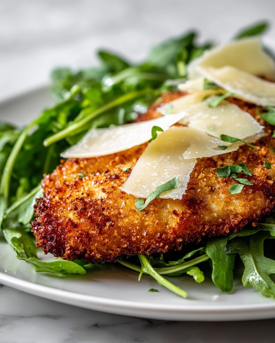 A close-up view of a crispy golden-brown breaded chicken cutlet sits on a bed of fresh, vibrant green arugula leaves. On top of the chicken, there are thin, pale yellow shavings of cheese, slightly curled and scattered. The arugula leaves are textured with small veins and have a slight shine, making the green color pop. The chicken has a crunchy, uneven coating with visible seasoning dots. The background is a white marbled surface. Photo taken with an iphone --ar 4:5 --v 7