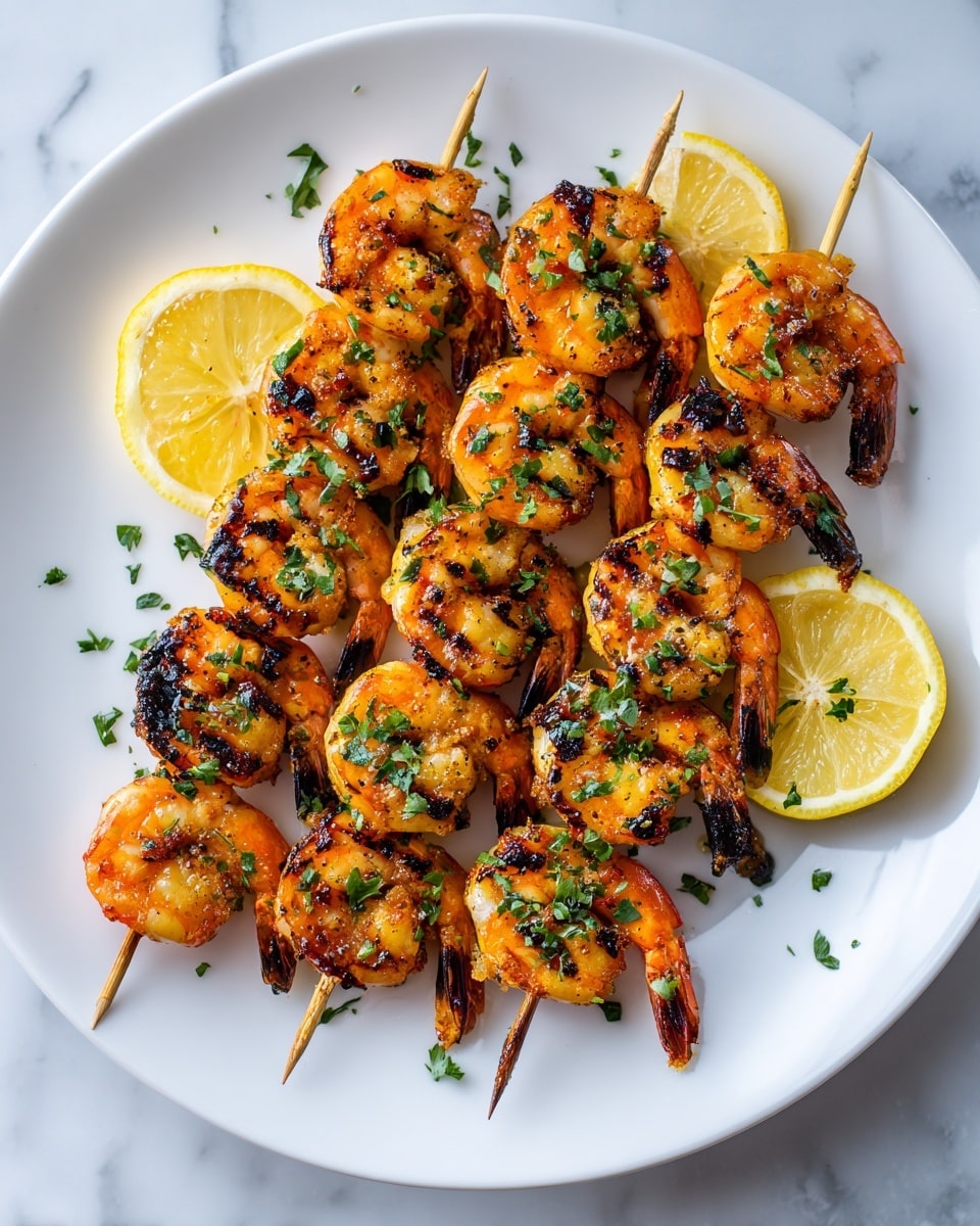 A white plate on a white marbled surface holds two skewers of grilled shrimp. Each skewer has about six shrimp, with an orange-pink color and visible char marks that give a slightly blackened texture. The shrimp are garnished with finely chopped green herbs scattered on top and around the plate. Two lemon slices, bright yellow with a juicy texture, are placed on opposite sides of the plate. The overall look is vibrant and fresh with a mix of warm orange, green, and yellow tones on the clean white plate. photo taken with an iphone --ar 4:5 --v 7