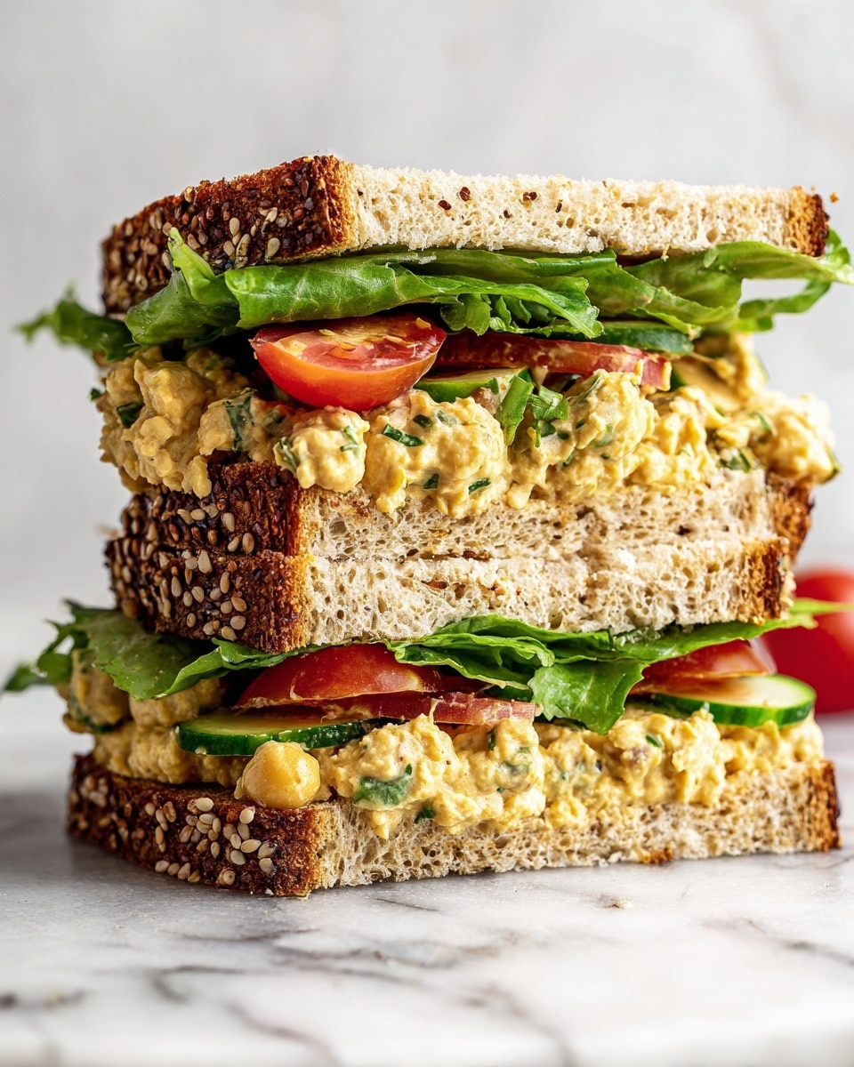 Two sandwich halves are stacked on a white marbled surface. Each sandwich has three layers: a thick slice of sesame seed covered bread on the bottom, followed by a chunky creamy chickpea salad with visible green peas and small bits of herbs, then slices of fresh cucumber and bright red tomato, topped with large green lettuce leaves, and finished with another slice of sesame seed bread. The textures show the soft, fluffy bread and the creamy filling contrasted with the crisp vegetables with a soft shadow in the background. photo taken with an iphone --ar 4:5 --v 7