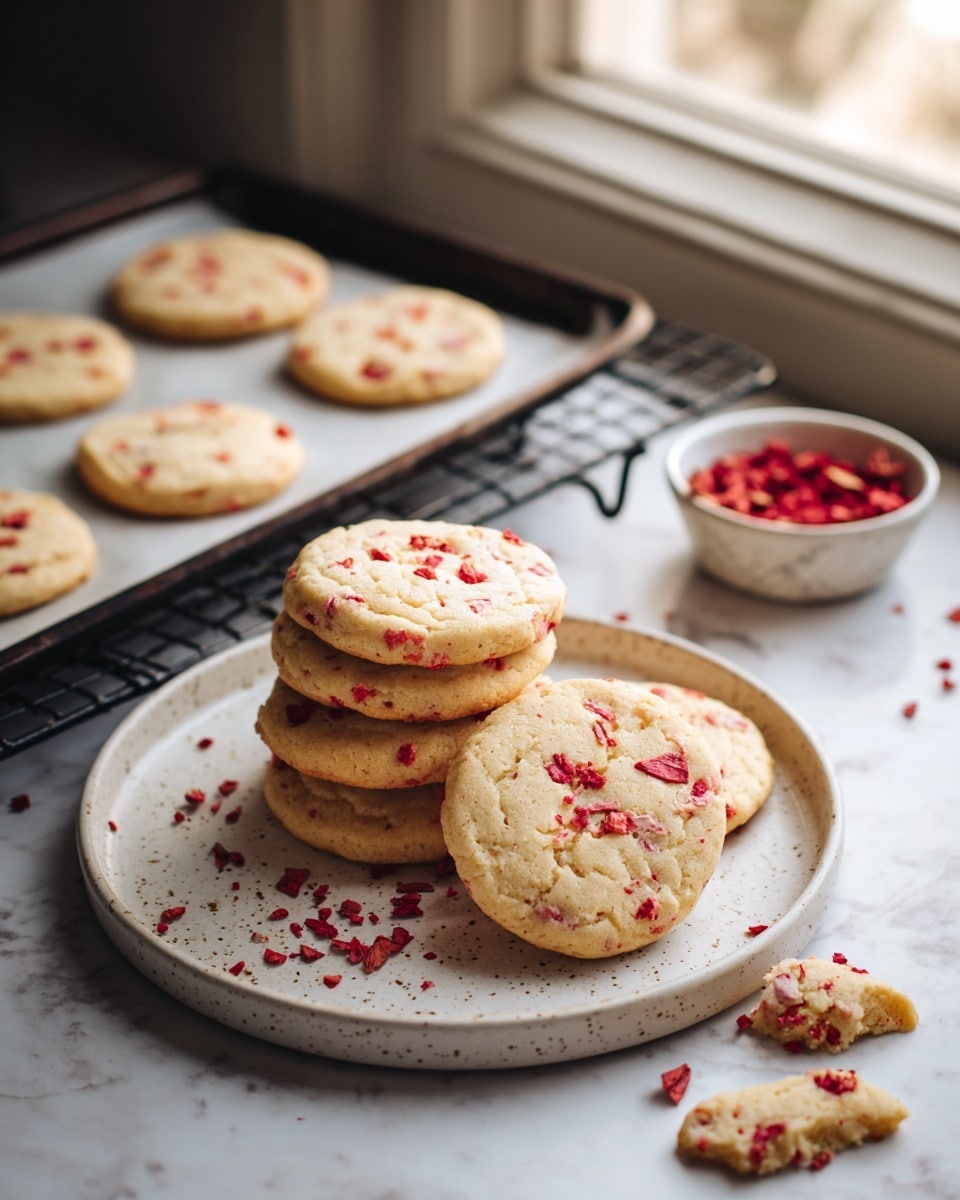 A white plate sits on a white marbled surface holding seven round strawberry shortcake butter cookies, each light golden with small red strawberry bits scattered throughout. Behind the plate, a black wire cooling rack holds more cookies arranged neatly in three rows. To the right is a white bowl filled with dried red strawberry pieces, and nearby are small cookie crumbs. A white baking tray lined with parchment paper rests further back on the surface. The whole scene is lit by natural light from a nearby window, creating a warm and inviting kitchen atmosphere. Photo taken with an iphone --ar 4:5 --v 7