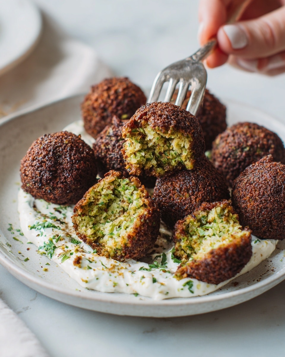 The image shows a white plate with several golden-brown falafel balls, one of which is cut open to reveal a green, herb-filled inside. The falafel balls have a crispy, textured outer layer with a rough surface, and they sit on a layer of creamy white sauce dotted with green herbs. The background features a white marbled surface with some green leaves partly visible behind the plate. A woman's hand holds a falafel ball gently on the edge of the plate. Photo taken with an iphone --ar 4:5 --v 7