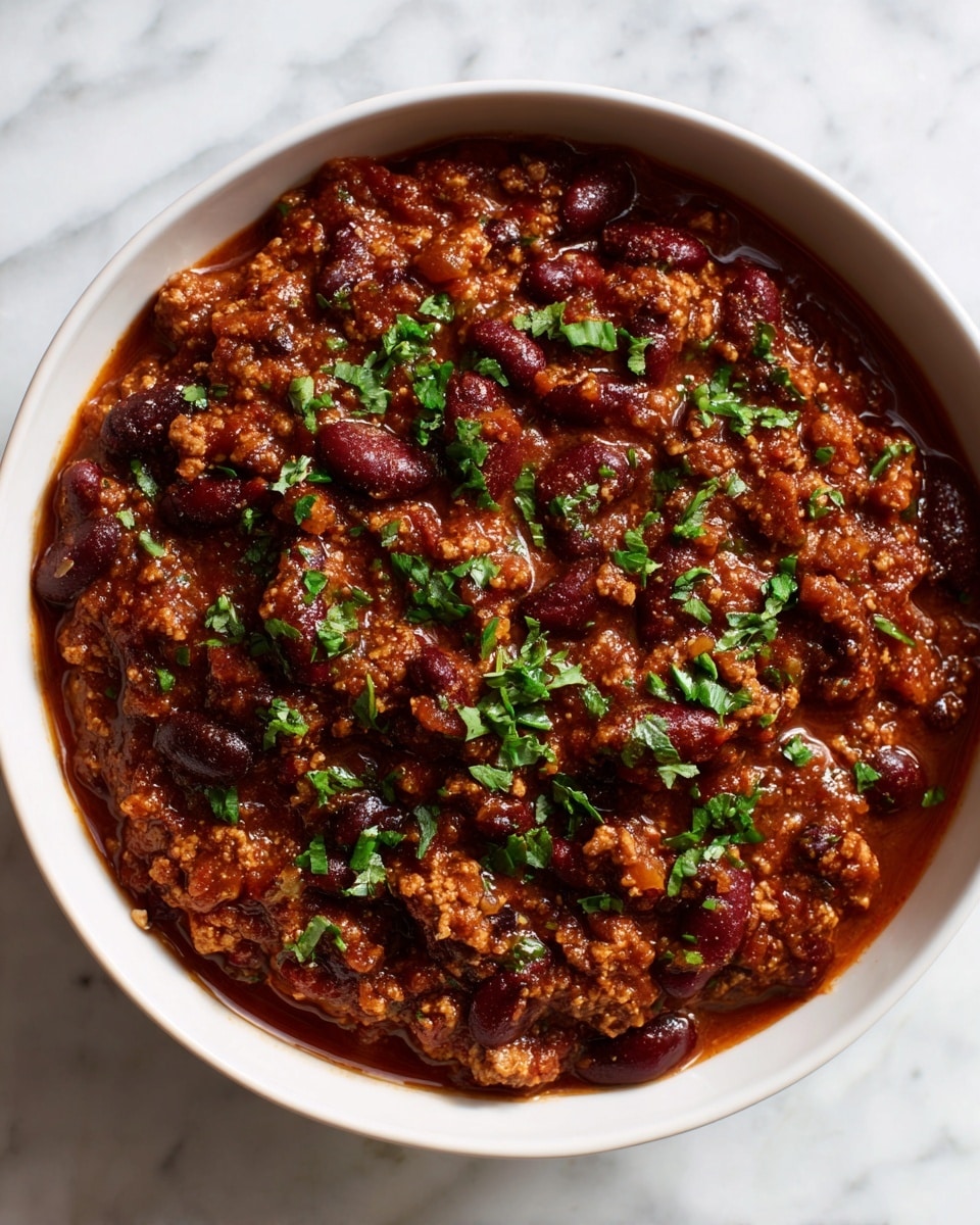A close-up view of a white bowl filled with a thick, rich chili made of multiple layers: deep reddish-brown beans and chunks of browned sausage mixed in a glossy, dark sauce covering the entire dish, topped with small, scattered pieces of bright green chopped parsley adding a fresh contrast; the bowl sits on a white marbled surface, enhancing the warm colors of the chili; the texture looks chunky and saucy with visible bits of corn and onion mixed in; photo taken with an iphone --ar 4:5 --v 7