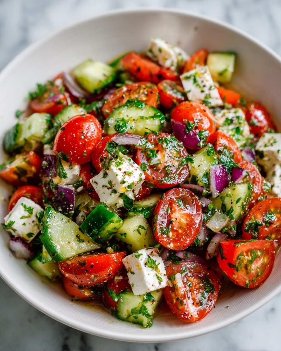 A fresh salad in a white bowl filled with roughly chopped layers of bright red cherry tomatoes, green cucumber pieces with darker green skin, small white cubes of soft cheese, and chunks of purple-red onion. The salad is mixed with finely chopped green herbs, sprinkled with black pepper that adds dark specks, all set against a white marbled textured background. photo taken with an iphone --ar 4:5 --v 7
