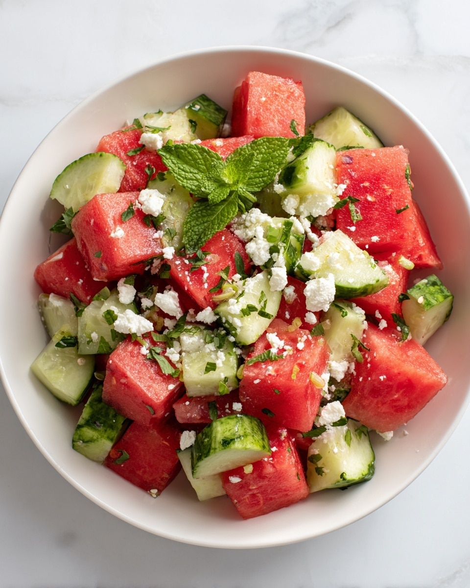 A white bowl is filled with a fresh salad made of bright red watermelon cubes and green cucumber chunks with skin. White crumbled cheese is scattered evenly over the salad along with small green mint leaves and chopped herbs, adding a mix of green shades. The watermelon and cucumber pieces appear juicy and firm, creating a colorful and fresh look. The background shows a white marbled texture. photo taken with an iphone --ar 4:5 --v 7