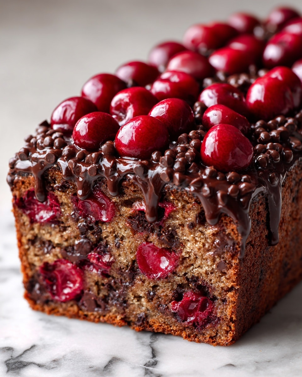 A close-up of a loaf cake with three visible layers: the bottom layer is dense and golden brown with bright red cherries embedded throughout, the middle layer has a darker, moist chocolate texture mixed with more cherries, and the top layer is covered with a thick spread of melted chocolate chips and whole cherries, giving a rich and glossy look. The cake sits on a dark surface, contrasting with the bright red cherries and shiny chocolate. Photo taken with an iphone --ar 4:5 --v 7
