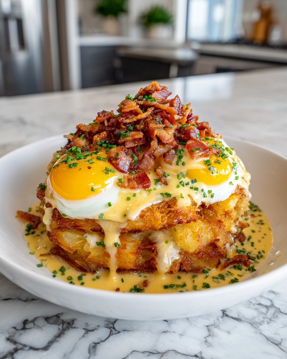 The dish is a stack of crispy golden brown hash browns forming the base layer on a white bowl. Over this is a layer of melted yellow and white cheese mixed with a creamy light brown gravy that covers the potatoes evenly. On top of that, two sunny side up eggs with bright yellow yolks and glossy white edges sit side by side. Drizzled smoothly over the eggs and cheese is a pale yellow hollandaise sauce. Finally, a generous sprinkling of finely chopped crispy bacon bits crowns the dish. The bowl is placed on a surface with a white marbled texture, with a blurred kitchen background visible. The photo taken with an iphone --ar 4:5 --v 7