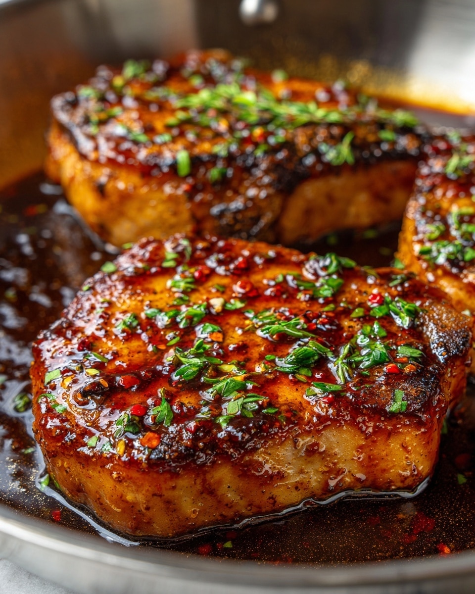 The image shows two thick pork chops in a stainless steel pan, cooked to a golden brown with crispy edges. The pork chops are glazed with a shiny, dark brown sauce that looks slightly sticky, and they are sprinkled with small bits of green herbs and red pepper flakes. The texture of the meat looks juicy and tender, with some charred spots on the surface. The close-up shot highlights the rich color and the glistening sauce on the pork chops, with a white marbled texture in the background. photo taken with an iphone --ar 4:5 --v 7