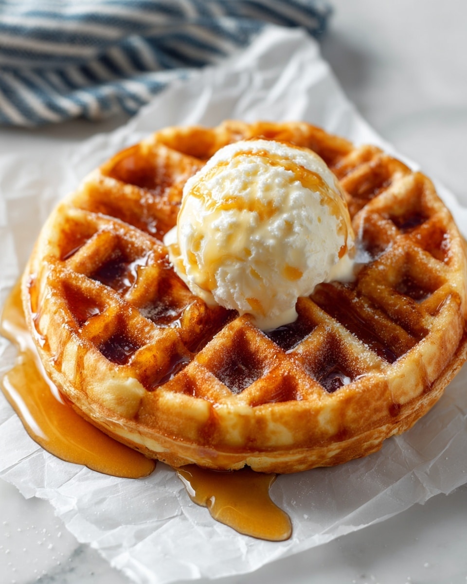 A single thick, golden brown waffle with a grid pattern sits on a crumpled white parchment paper over a white marbled surface. On top of the waffle is a round scoop of creamy white butter, slightly melting, with light golden syrup drizzled over the waffle and pooling around its base in glossy amber drops. A part of a cooling rack and a blue and white striped cloth are partially visible in the background. photo taken with an iphone --ar 4:5 --v 7