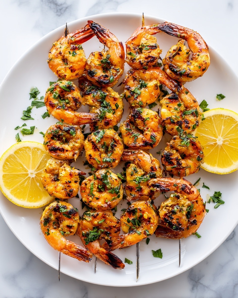 A white plate holds two rows of grilled shrimp skewers, each shrimp showing a mix of golden-orange color with charred black grill marks and fresh green herb sprinkles on top; the shrimp are plump and curled, with the orange tails still attached. Two bright yellow lemon halves sit on opposite sides of the plate, with some green herbs scattered around them. The plate is placed on a white marbled surface. photo taken with an iphone --ar 4:5 --v 7