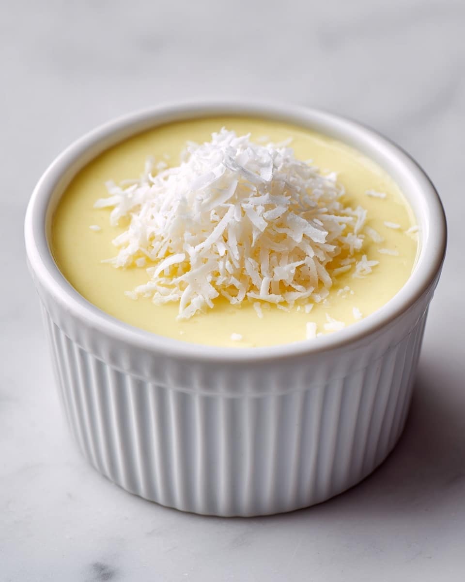 A small white ribbed ramekin filled with a smooth, creamy, pale yellow pudding. The top of the pudding is garnished with a small pile of white shredded coconut, creating a soft textured contrast on the shiny surface. The ramekin sits on a white marbled surface with soft lighting highlighting the creamy texture of the pudding and the delicate strands of coconut. photo taken with an iphone --ar 4:5 --v 7
