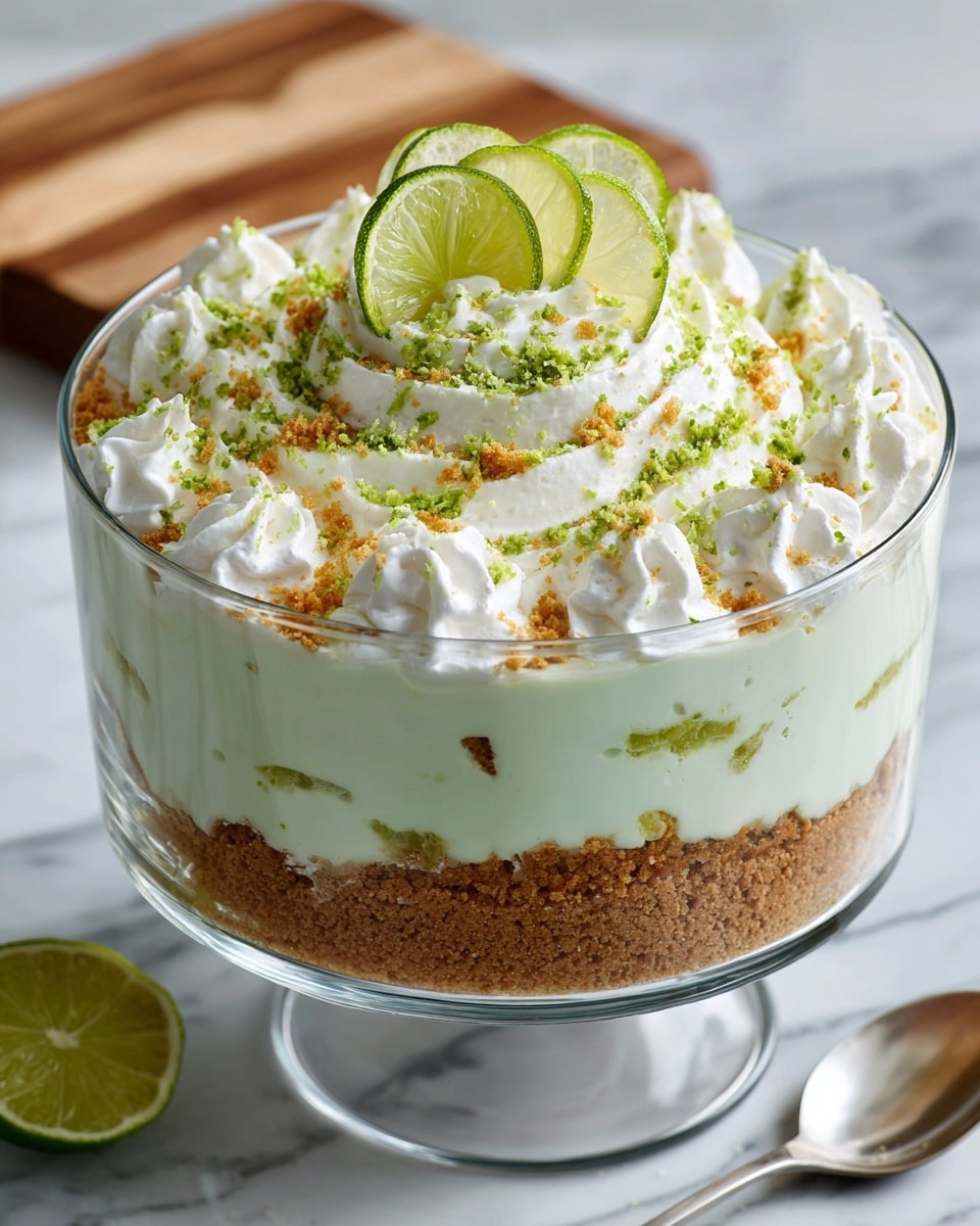 This Key Lime Pie Trifle is shown in a clear glass bowl with three visible layers: the bottom and middle layers consist of crumbly light brown graham cracker crust, and the center layer is smooth, pale green key lime cream with small flecks of zest. The top layer is light and fluffy white whipped cream, sprinkled generously with finely grated bright green lime zest and garnished with two thin slices of fresh lime curved elegantly on top. The glass bowl sits on a white marbled surface, with a soft background showing wooden cutting boards. A silver spoon lies next to the bowl. Photo taken with an iphone --ar 4:5 --v 7