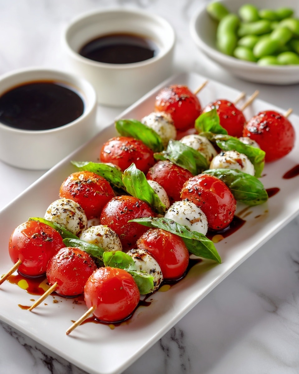 The image shows six skewers arranged diagonally on a white rectangular plate, each skewer with three layers of bright red cherry tomatoes, green basil leaves, and white mozzarella balls, all seasoned with black pepper and drizzled with balsamic vinegar and olive oil, creating a glossy texture and slight shine on the ingredients; the plate stays on a white marbled surface, with a small white bowl of dark balsamic sauce and another white bowl of green edamame slightly blurred in the background. photo taken with an iphone --ar 4:5 --v 7