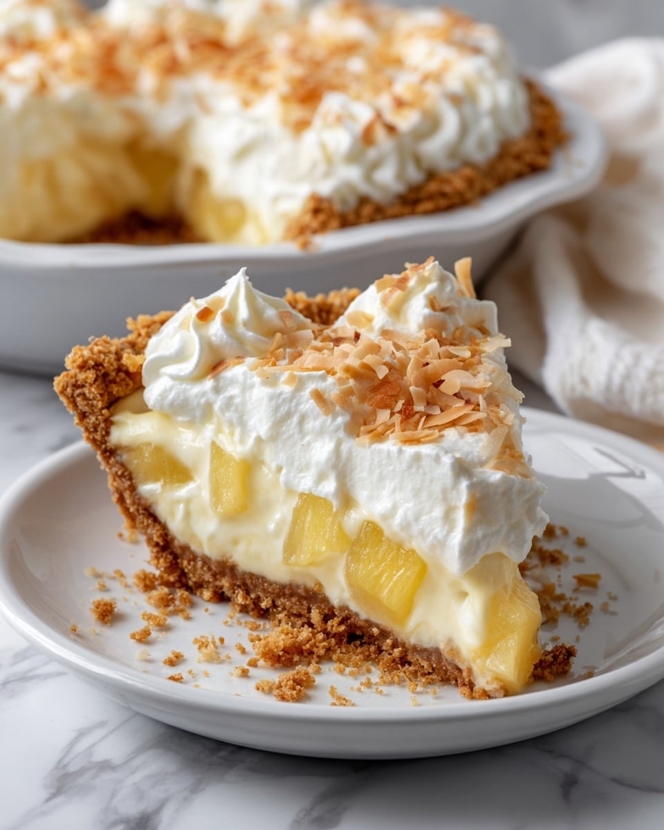 The image shows a slice of layered pie on a white plate with a white marbled background. The pie has a golden-brown crumbly crust as the base layer, followed by a thick creamy pale yellow filling with small chunks of pineapple mixed inside. On top of the filling is a fluffy white whipped cream layer, decorated with peaks and sprinkled with thin toasted coconut flakes. In the back, the rest of the pie is visible in a white pie dish. Photo taken with an iphone --ar 4:5 --v 7