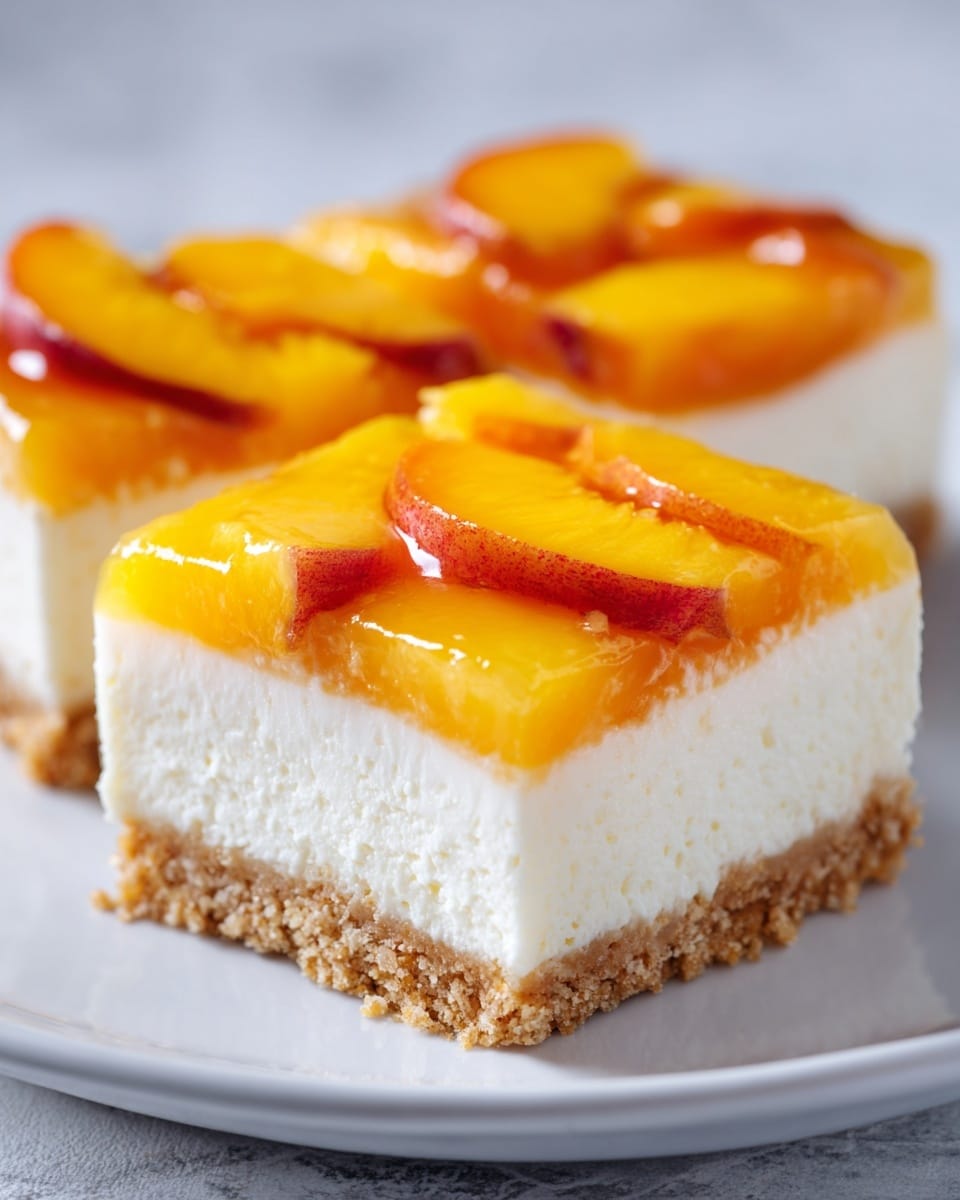A close-up image of two square cheesecake bars on a white plate, each bar has three layers: the bottom layer is a light brown crumbly crust, the middle layer is thick and creamy white cheesecake, and the top layer has bright orange peach slices with a shiny glaze. The white marbled background is soft and blurred, focusing on the dessert. The photo taken with an iphone --ar 4:5 --v 7