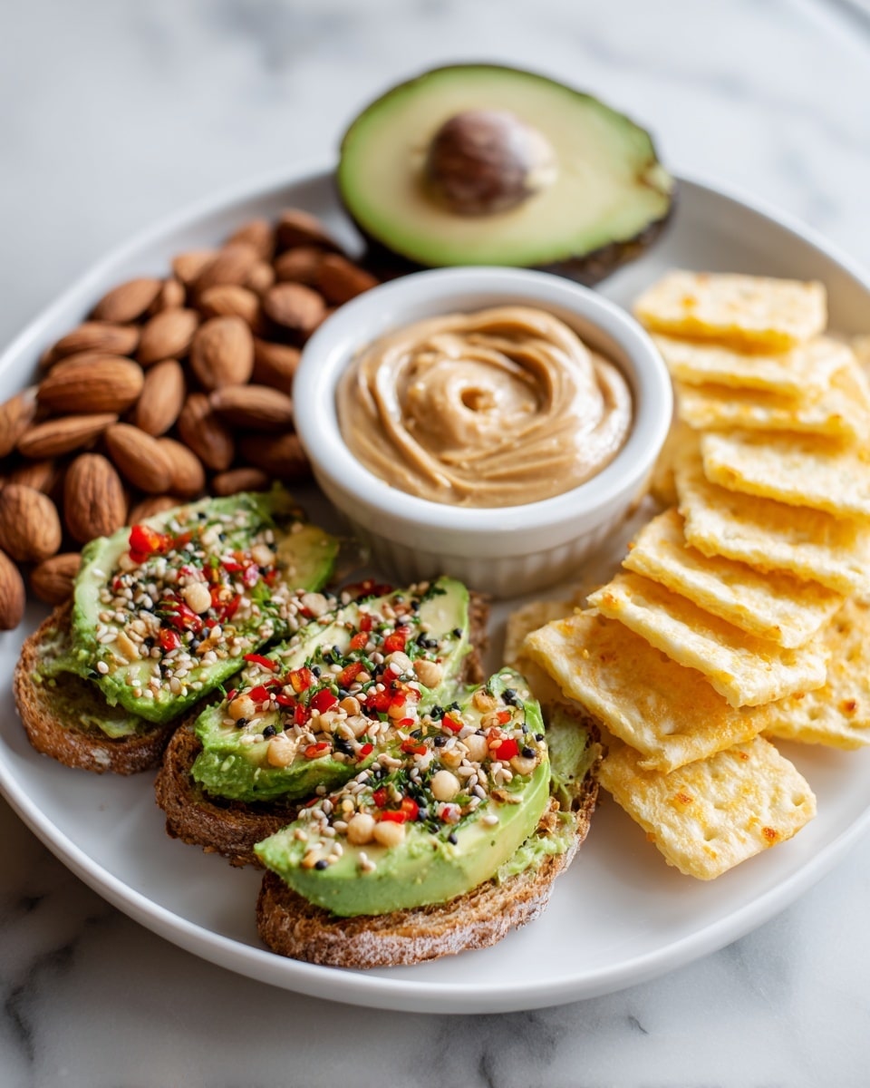 A white plate on a white marbled surface holds a colorful assortment of foods arranged in separate sections. On one side, there are whole almonds, smooth and round with a brown color. Next to the almonds is a small white bowl filled with creamy peanut butter with a swirled texture on top. Beside the bowl is a halved avocado showing its green flesh and empty pit area. The plate also has several yellow, crispy crackers with a rough texture stacked loosely. Finally, there are two slices of sliced avocado toast topped with finely chopped red pepper flakes and seeds, placed near the crackers. photo taken with an iphone --ar 4:5 --v 7