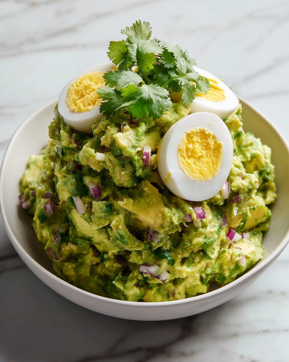 The image shows a bowl filled with chunky guacamole that has a rough texture and mixed shades of green with small bits of purple onion visible throughout. The guacamole is piled high in three uneven layers, with two halves of a boiled egg placed on top near the edges of the mound, showing their yellow yolks and white edges clearly. A sprig of fresh cilantro sits on the very top in the center. The bowl is white and sits on a white marbled surface. Photo taken with an iphone --ar 4:5 --v 7