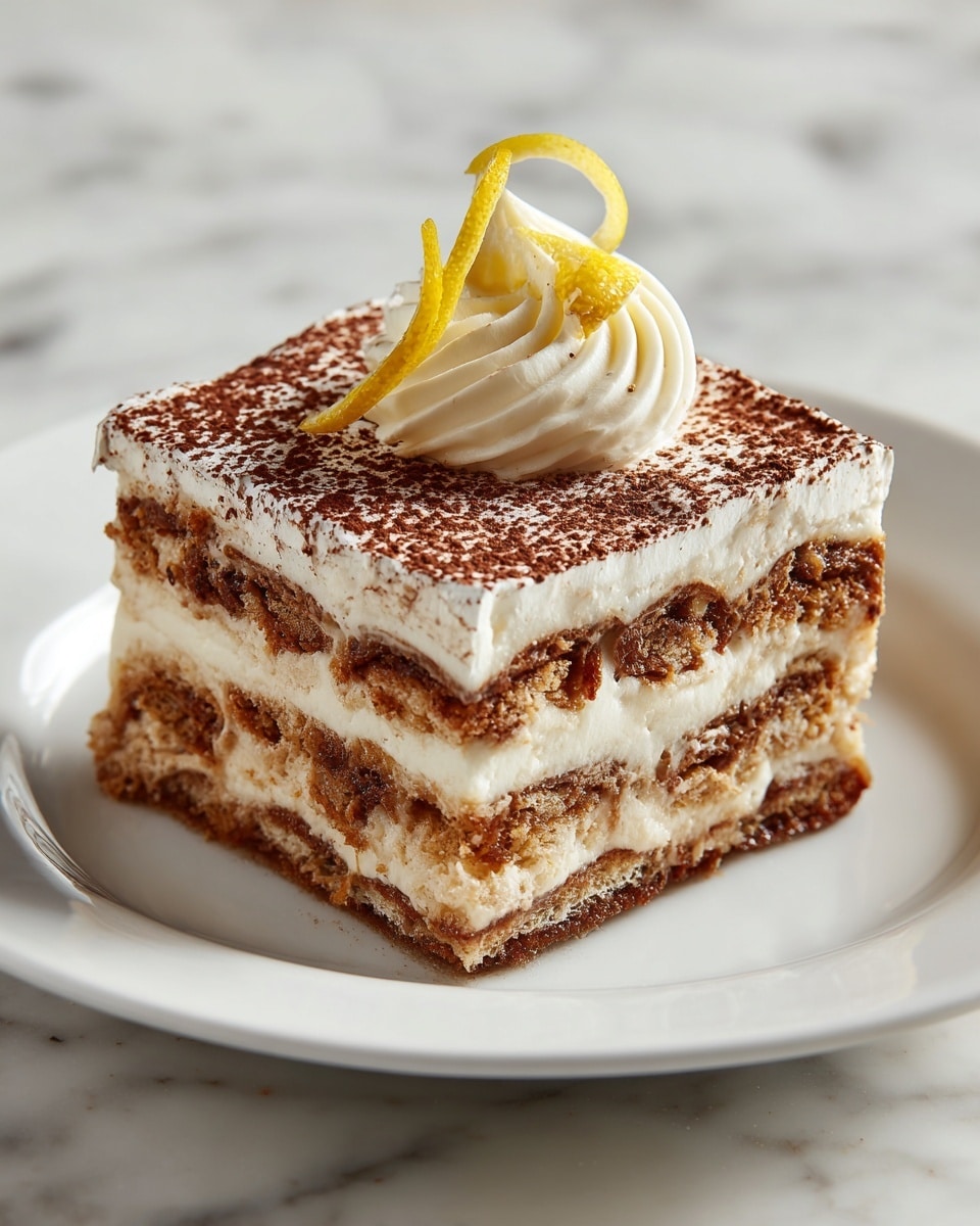 The image shows a square slice of layered dessert on a white plate, placed on a white marbled surface. The dessert has about five layers, alternating between light brown, crispy-looking layers and thick, creamy, off-white layers. The top cream layer is sprinkled with cocoa powder and powdered sugar, and decorated with a small swirl of white cream and a thin lemon twist on top. The textures are soft and smooth for the cream and crisp and slightly rough for the brown layers. Photo taken with an iphone --ar 4:5 --v 7