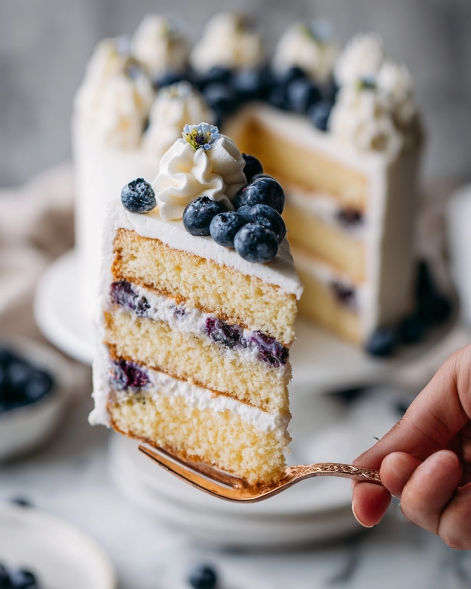 A close-up of a slice of layered cake held over a white marbled surface by a woman's hand with a rose gold fork. The cake has three layers of soft yellow sponge, alternating with two layers of white cream mixed with fresh blueberries inside. The top is covered with a smooth white cream layer, decorated with fresh blueberries and two swirls of piped white cream on each side. The background shows a blurred whole cake with the same decoration, resting on a white plate on the white marbled surface. photo taken with an iphone --ar 4:5 --v 7