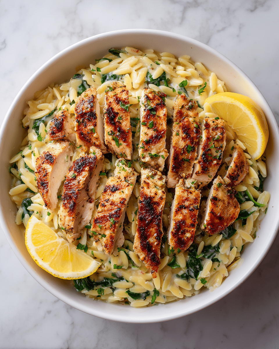 A white bowl filled with three main layers: the bottom layer is a creamy orzo pasta with a light yellow color mixed with green spinach leaves and small bits of herbs, giving a fresh look; on top, there are six pieces of grilled chicken breast, cut into thick strips and arranged evenly, showing a golden-brown sear with specks of black pepper and green herbs on the surface; two bright yellow lemon wedges sit on opposite sides of the bowl, adding a fresh pop of color. The texture contrasts between the smooth pasta, soft spinach, and firm, juicy chicken pieces create an inviting dish. The setting is on a white marbled surface. photo taken with an iphone --ar 4:5 --v 7