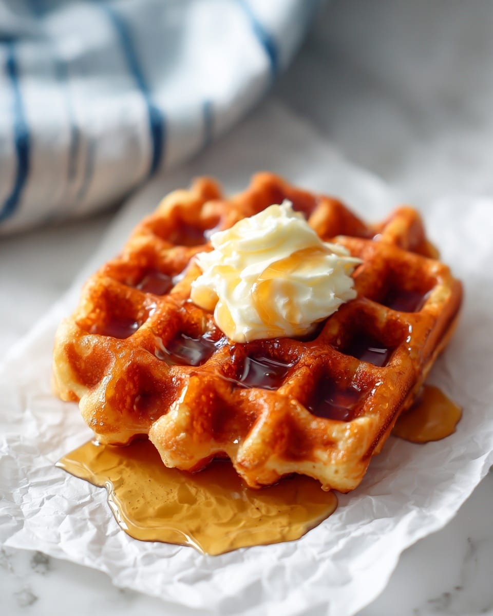 A single fluffy golden brown waffle sitting on a piece of white parchment paper placed on a white marbled surface, topped with a round scoop of creamy white butter melting slightly. The waffle is drizzled with amber syrup that pools around its base and glistens under the light, highlighting the waffle's square pockets. In the background, there is a glimpse of a blue and white striped cloth adding a soft texture contrast. Photo taken with an iphone --ar 4:5 --v 7