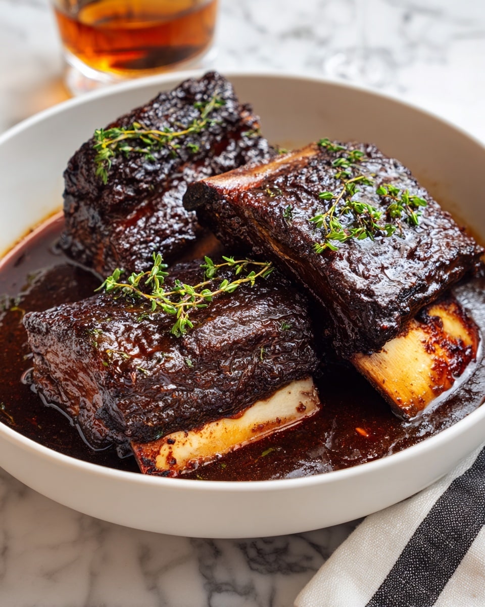 A white bowl holds three large pieces of braised beef ribs, each with a deep brown, glossy, caramelized crust. The ribs show a thick texture with visible grill marks and a rich sauce pooling at the bottom of the bowl. Bright green sprigs of fresh thyme are scattered over the top, contrasting with the dark sauce and meat. The beef bones are exposed at one end, showing a pale cream color with slight charring. The bowl rests on a white marbled surface with a folded black and white towel nearby, and a glass of amber liquid is partially seen in the background. Photo taken with an iphone --ar 4:5 --v 7