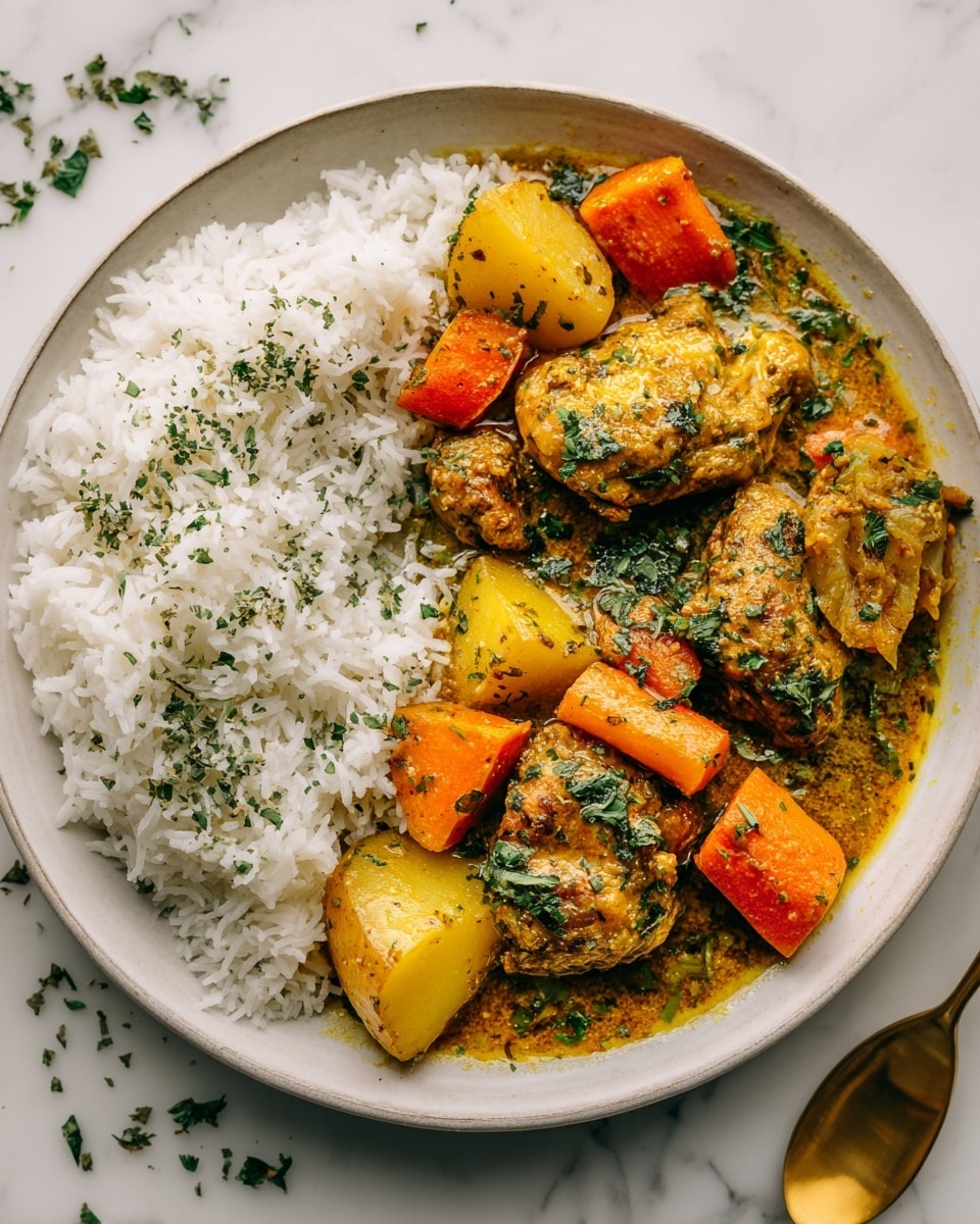 A round white plate contains two main layers: on the left side, a thick layer of fluffy white rice with some light green herb sprinkles, and on the right side, a rich golden brown curry with visible chunks of chicken pieces coated in sauce, along with orange carrot slices and yellow potato chunks mixed in, all topped with small bits of green herbs. The plate rests on a white marbled surface with some scattered herbs around it, and a golden spoon is partially visible on the right side. photo taken with an iphone --ar 4:5 --v 7