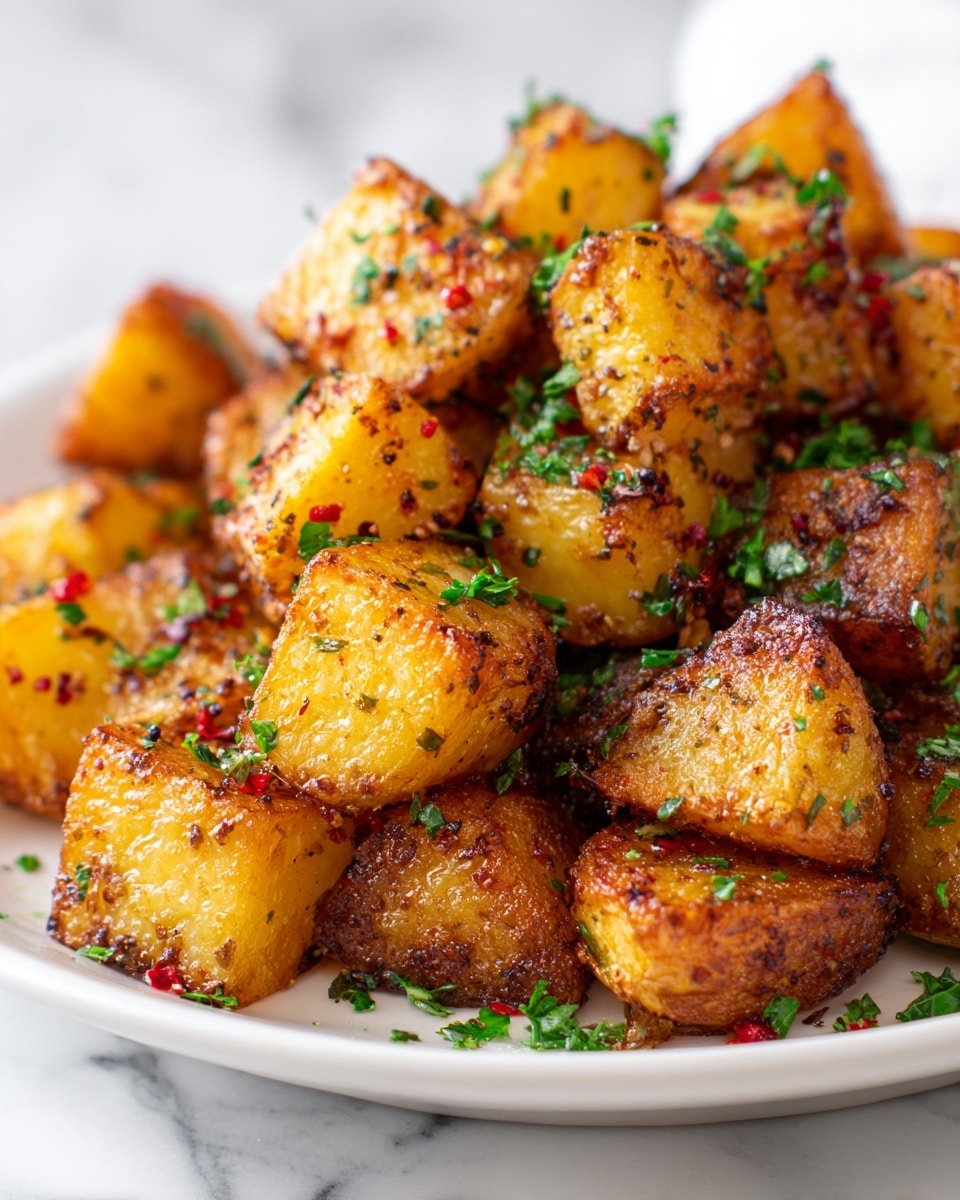 A close-up view of golden brown roasted potato chunks piled in a shallow white plate, each piece showing a crispy, slightly textured outside with a mix of light and dark browns. The potatoes are sprinkled with fresh green parsley flakes and small red pepper bits, giving a lively contrast of colors. The background is a white marbled texture, soft and clean, making the warm tones of the potatoes stand out. photo taken with an iphone --ar 4:5 --v 7