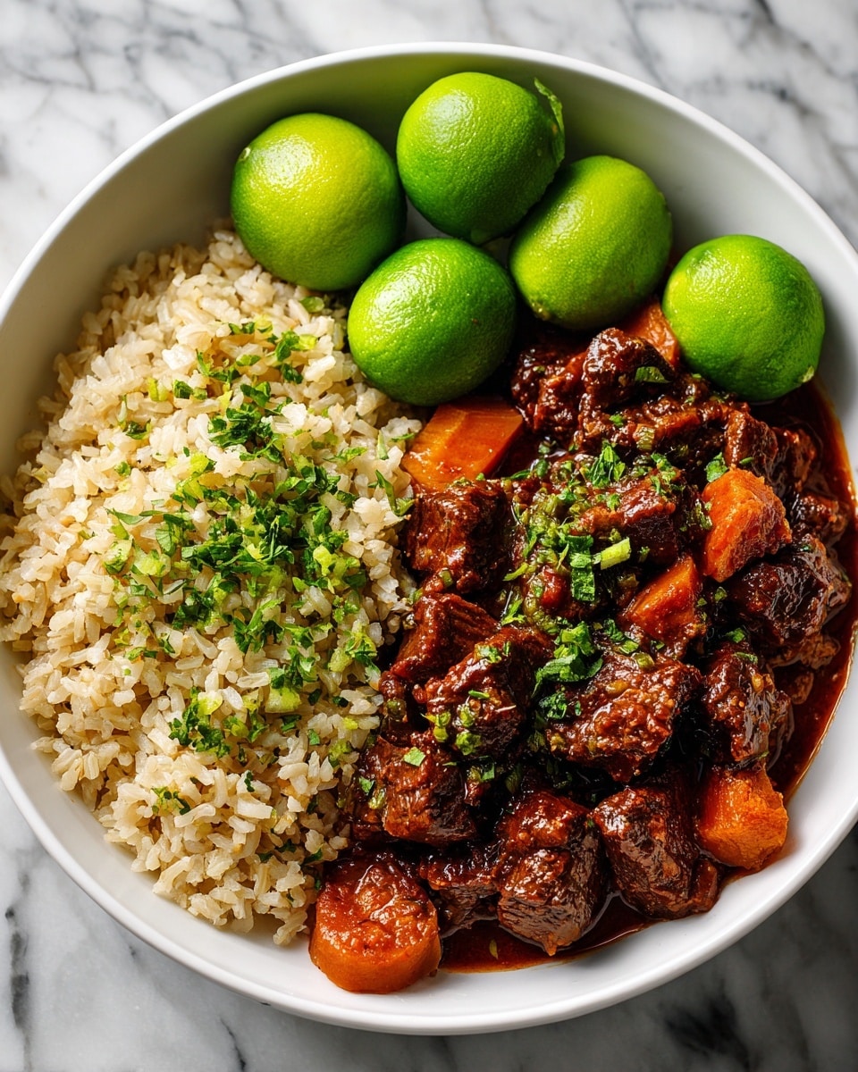 A white bowl filled with two main layers: on the left side, a fluffy pile of light beige rice with a slightly grainy texture, and on the right side, chunky pieces of dark brown beef stew mixed with soft orange carrot chunks in a rich reddish-brown sauce, all sprinkled with bright green chopped herbs. Around the stew, there are several whole and halved small green limes with shiny, bumpy skins, adding a fresh look. The background is a white marbled texture. photo taken with an iphone --ar 4:5 --v 7