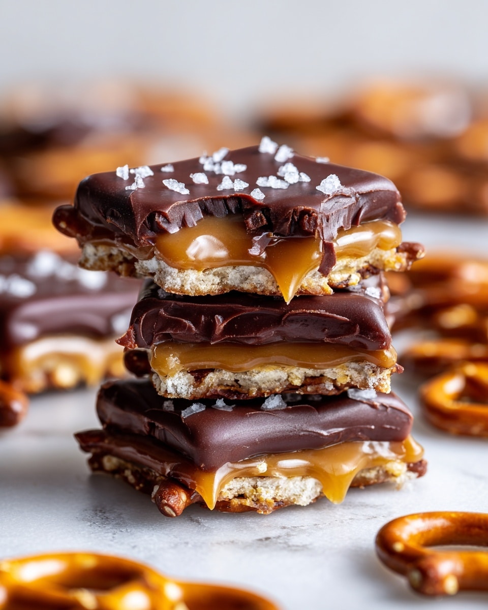 The image shows a close-up of stacked pieces of chocolate-covered pretzels. Each piece has a thick layer of smooth, shiny milk chocolate on top, sprinkled with small white salt crystals. The pretzels underneath are golden brown and crunchy, with a twisted shape clearly visible through the chocolate. The stack is layered unevenly, with some pieces slightly tilted, showing the inside texture of the pretzels and chocolate. The whole scene is set against a white marbled surface. Photo taken with an iphone --ar 4:5 --v 7