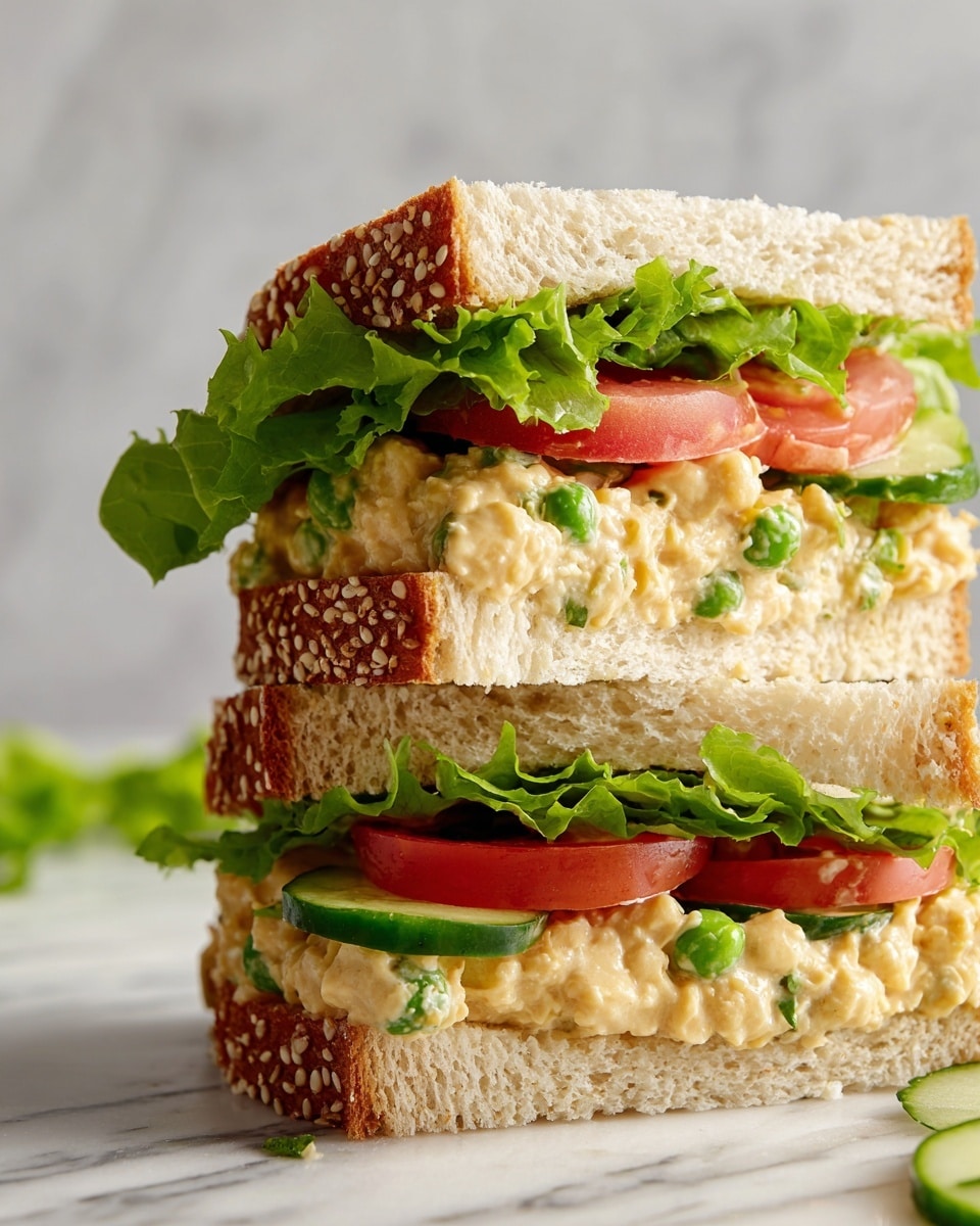 Two sandwich halves are placed on a white marbled surface, leaning against each other. Each sandwich has three layers of soft whole grain bread speckled with oats. The bottom layer is filled with a creamy chickpea salad mixed with small green peas and chopped vegetables in a light orange sauce. Above this is a layer of fresh cucumber slices and bright red tomato slices. On top is a layer of green leafy lettuce. The bread looks soft and slightly thick, and the fillings are fresh and colorful. Photo taken with an iphone --ar 4:5 --v 7