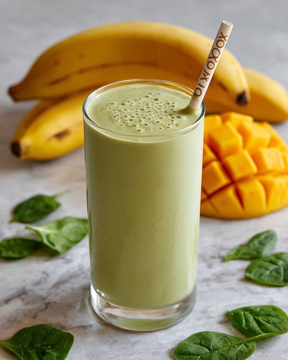 A tall clear glass filled with a smooth, vibrant green smoothie sits in the center of the image, with tiny bubbles visible on its surface. A straw with black