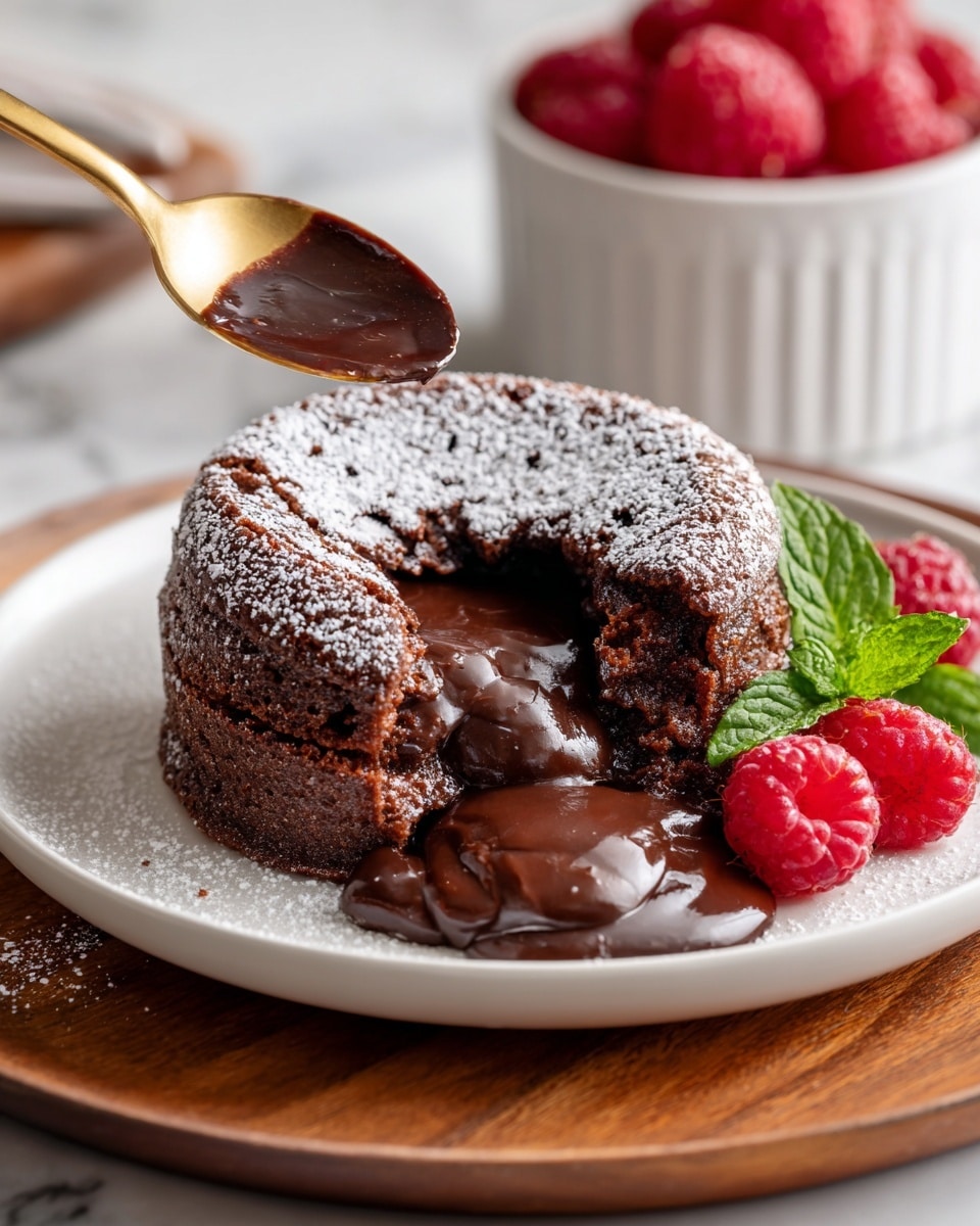 A round chocolate lava cake with a dark brown color sits on a white plate, lightly dusted with white powdered sugar on top and around the plate. The cake's surface looks soft and slightly cracked, showing a rich, gooey chocolate center flowing out in one image. Next to the cake, bright red raspberries and fresh green mint leaves add color. A woman's hand holds a gold spoon, about to scoop the cake. In the background, another plate with a similar cake and a white bowl filled with raspberries are visible on a wooden board placed on a white marbled surface. photo taken with an iphone --ar 4:5 --v 7