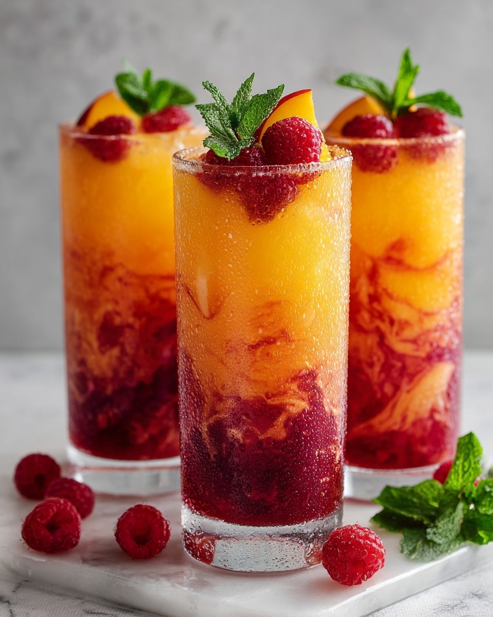 Three tall clear glasses filled with a swirled smoothie that has two main layers mixed together in a marbled pattern: a bright orange layer and a deep red layer. The smoothie looks thick and icy, with condensation on the outside of the glasses. Each glass is topped with fresh red raspberries, a small wedge of peach with its orange and red skin showing, and a sprig of green mint leaves. Around the base of the glasses are more fresh raspberries and mint leaves scattered on a white marbled surface. The photo taken with an iphone --ar 4:5 --v 7