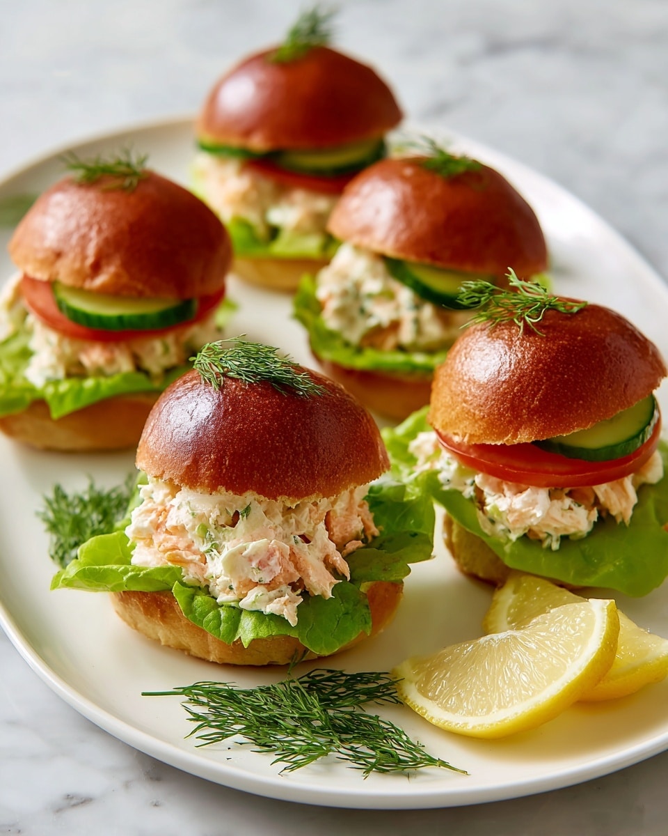 The image shows four small sandwiches on a white plate placed on a white marbled surface. Each sandwich has a shiny, golden-brown brioche bun top with a skewer through it. The bottom layer is bright green lettuce, topped with a thick creamy mixture of white and light pink bits mixed with small green pieces and dill. Above this creamy layer, there is a slice of red tomato and several thin, round slices of green cucumber. Around the plate, there are lemon wedges and fresh dill sprigs scattered for decoration. Photo taken with an iphone --ar 4:5 --v 7