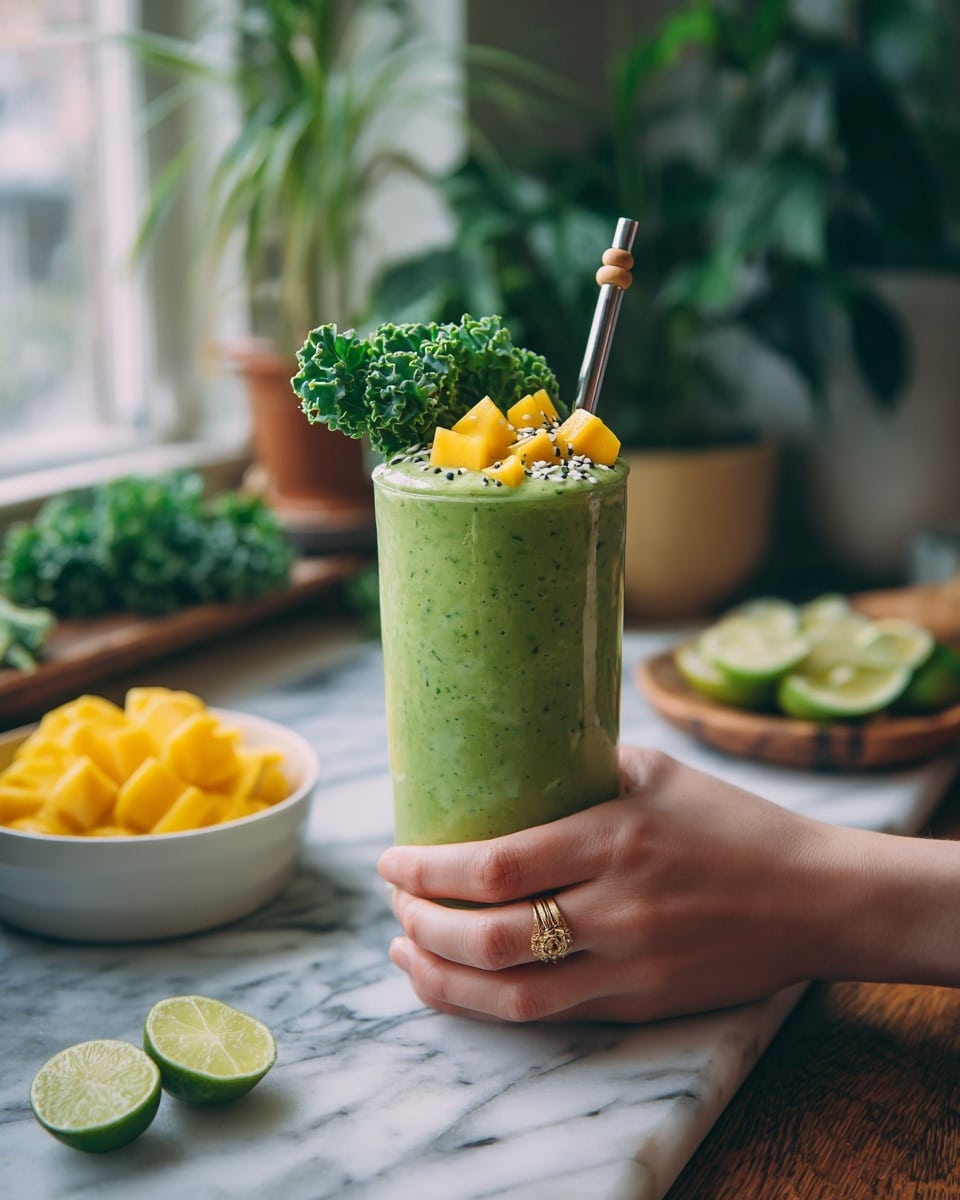 A tall glass filled with a thick green smoothie showing small pieces of yellow fruit inside, topped with a dark green curly kale leaf, yellow mango cubes, and sprinkled with small seeds. A metal straw with a small wooden ring near the top is placed inside the glass. A woman's hand is holding the glass from the right side. In the background, there is a white marbled surface with chopped mango, lime halves, bunches of kale leaves, a small white bowl filled with seed, and a white bowl containing more green smoothie topped with yellow fruit cubes. Photo taken with an iphone --ar 4:5 --v 7