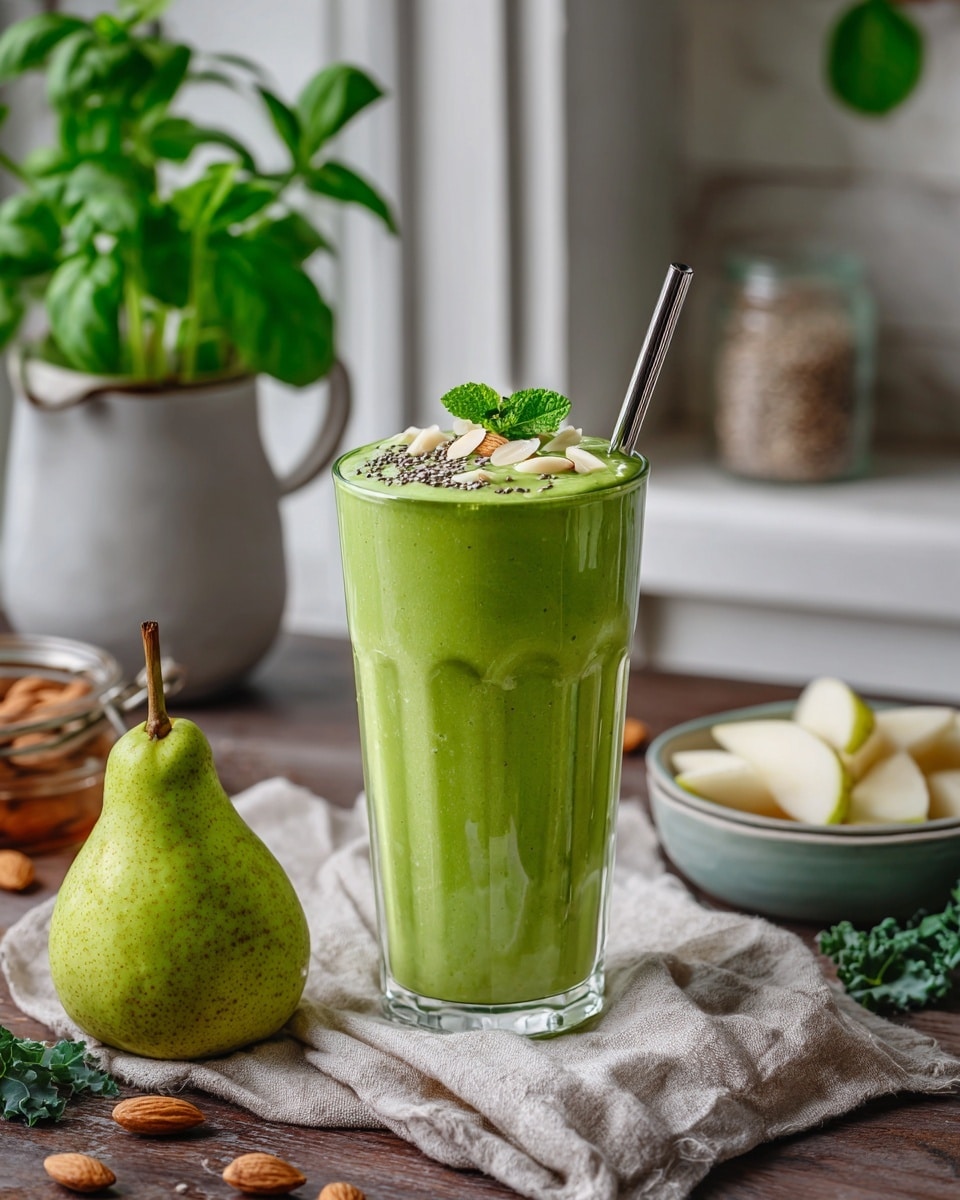 A tall clear glass filled with a thick, green smoothie that has a slightly textured surface, topped with thin almond slices, small white fruit pieces, black chia seeds, and a small green mint leaf in the center. A silver metal straw leans slightly out of the glass from the right side. The glass sits on a light-colored cloth on a dark wooden table. To the left of the glass is a fresh green pear with leaves attached, dark green leafy kale behind the pear, and a small white bowl filled with sliced apples and almonds. In the background, a blender containing more green smoothie sits on the right on the table. The surface beneath everything is a white marbled texture. Photo taken with an iphone --ar 4:5 --v 7