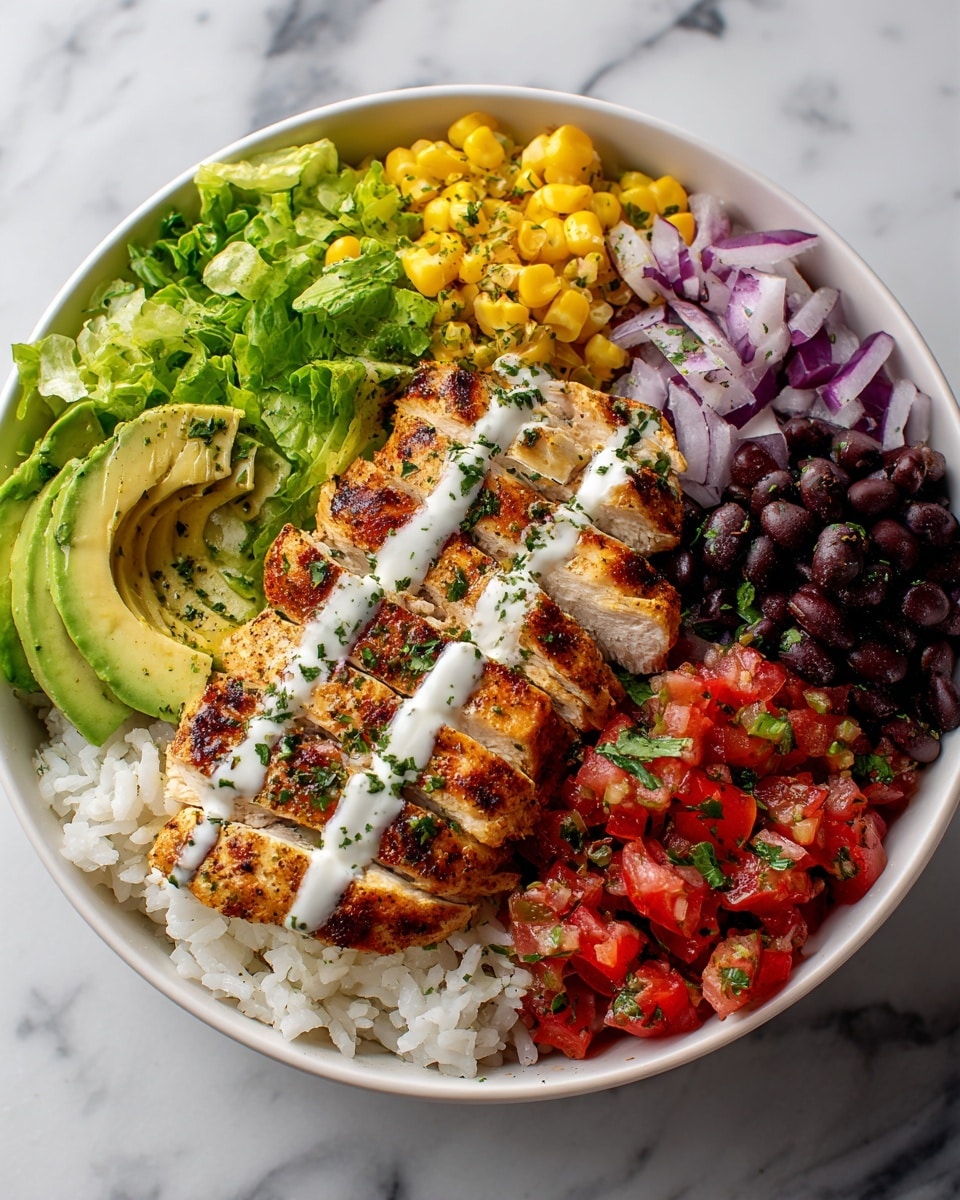 A white plate sits on a white marbled texture, filled with layers of food. The bottom layer is light beige cooked rice. On top of the rice is a row of sliced grilled chicken, browned with seasoning and drizzled with white sauce. Next to the chicken, there is a fresh green lettuce layer with two slices of avocado on top, creamy and light green. Above that is a section of bright yellow corn mixed with small bits of green herbs. To the right of the corn is a small pile of black beans mixed with thin red onion slices. Finally, next to the beans, there is a colorful tomato salsa made of red diced tomatoes and bits of onion and green herbs. The whole dish looks fresh and colorful. photo taken with an iphone --ar 4:5 --v 7